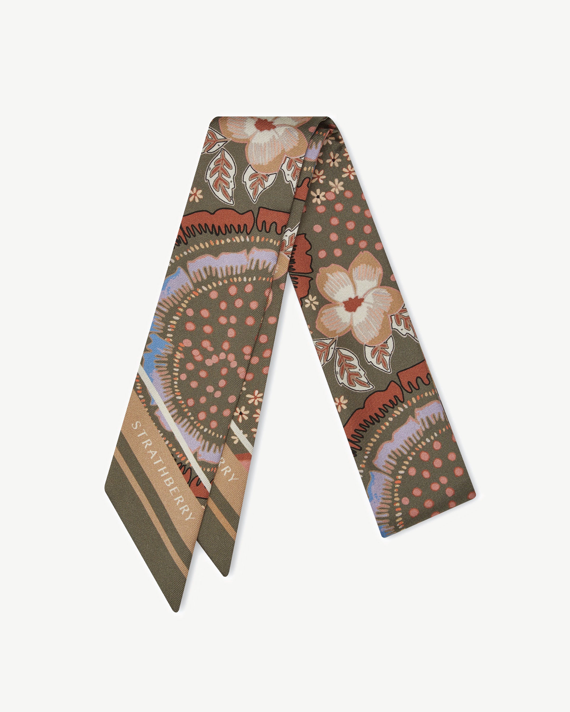 Silk Skinny Scarf - Embroidery Print Khaki/Caramel