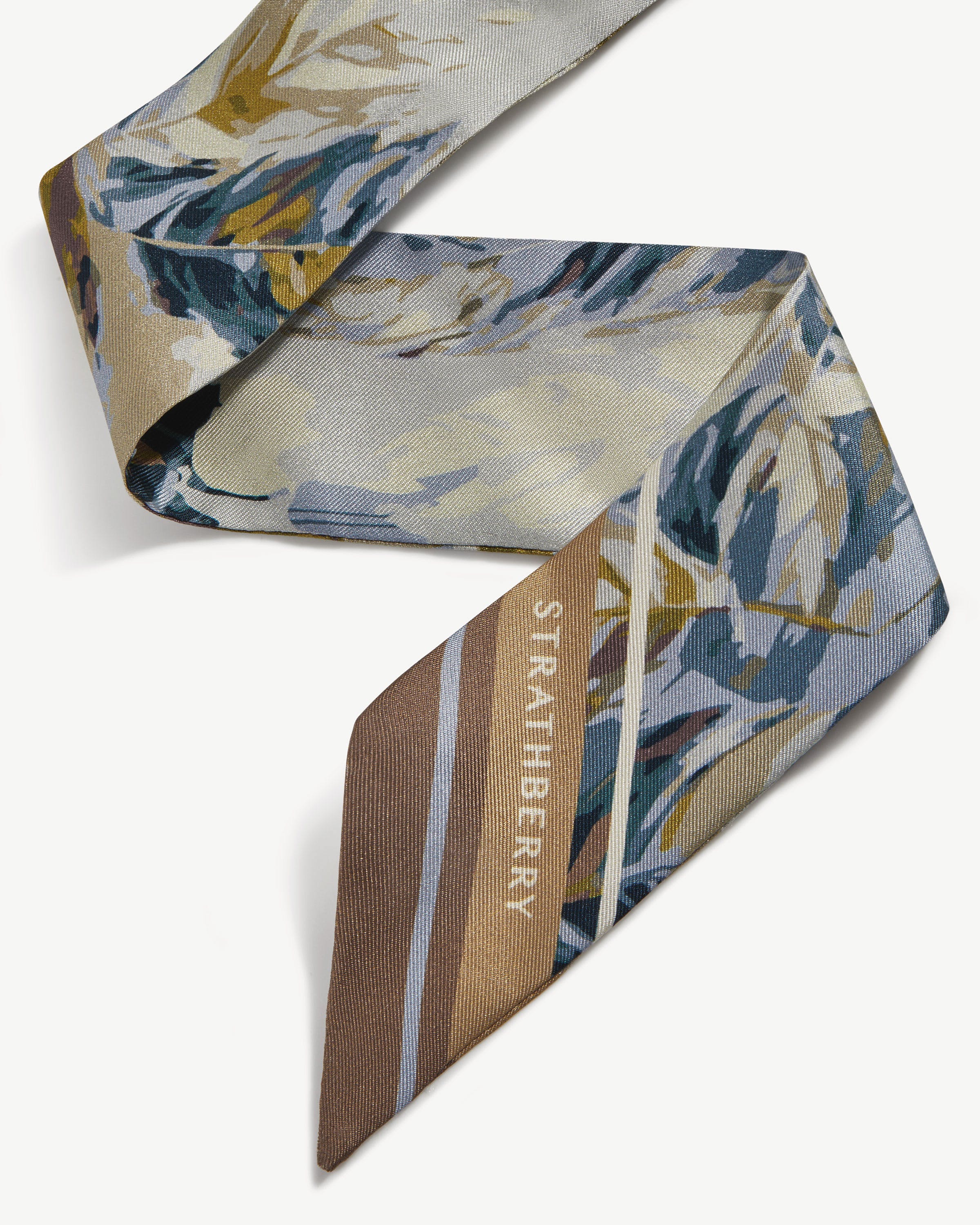 Silk Skinny Scarf - Clay/Blue Abstract Feather Print