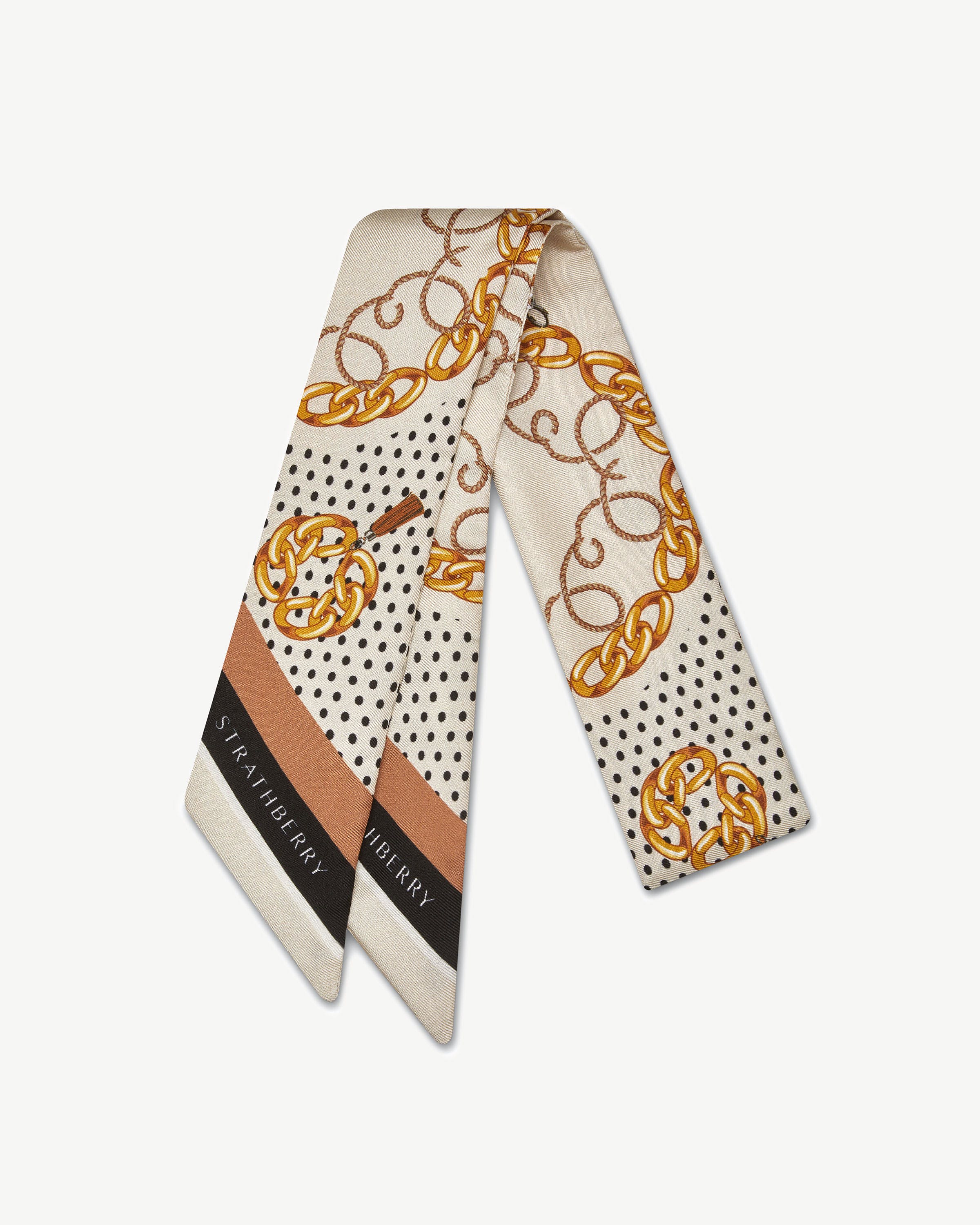 Silk Skinny Scarf - Black/Tan Chain Print