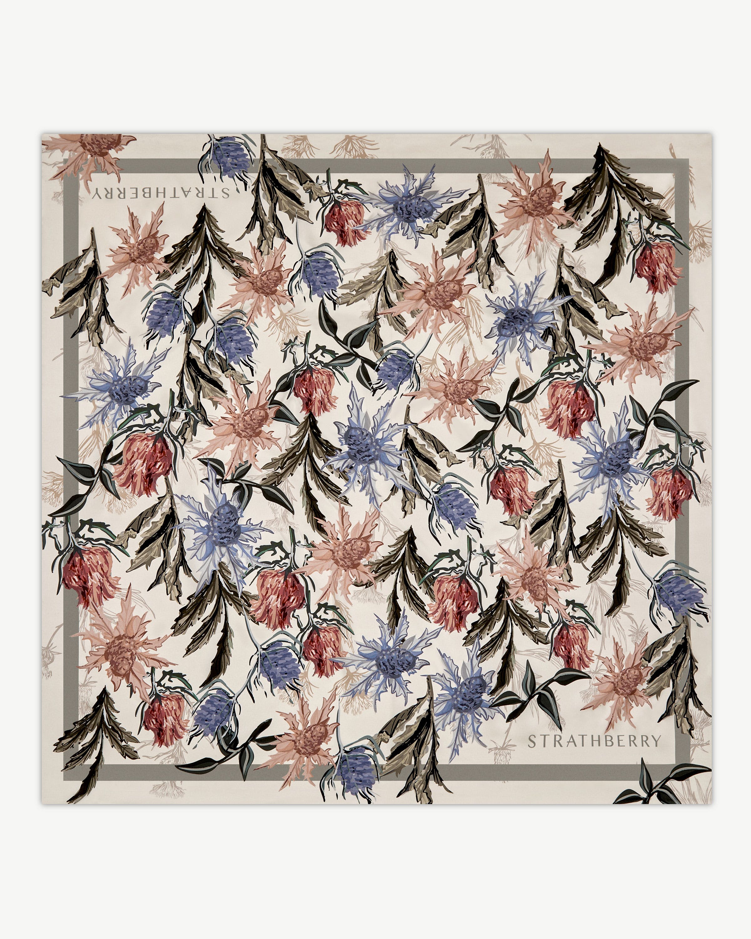 Silk Square Scarf - Vanilla/Forest Green Thistle Print