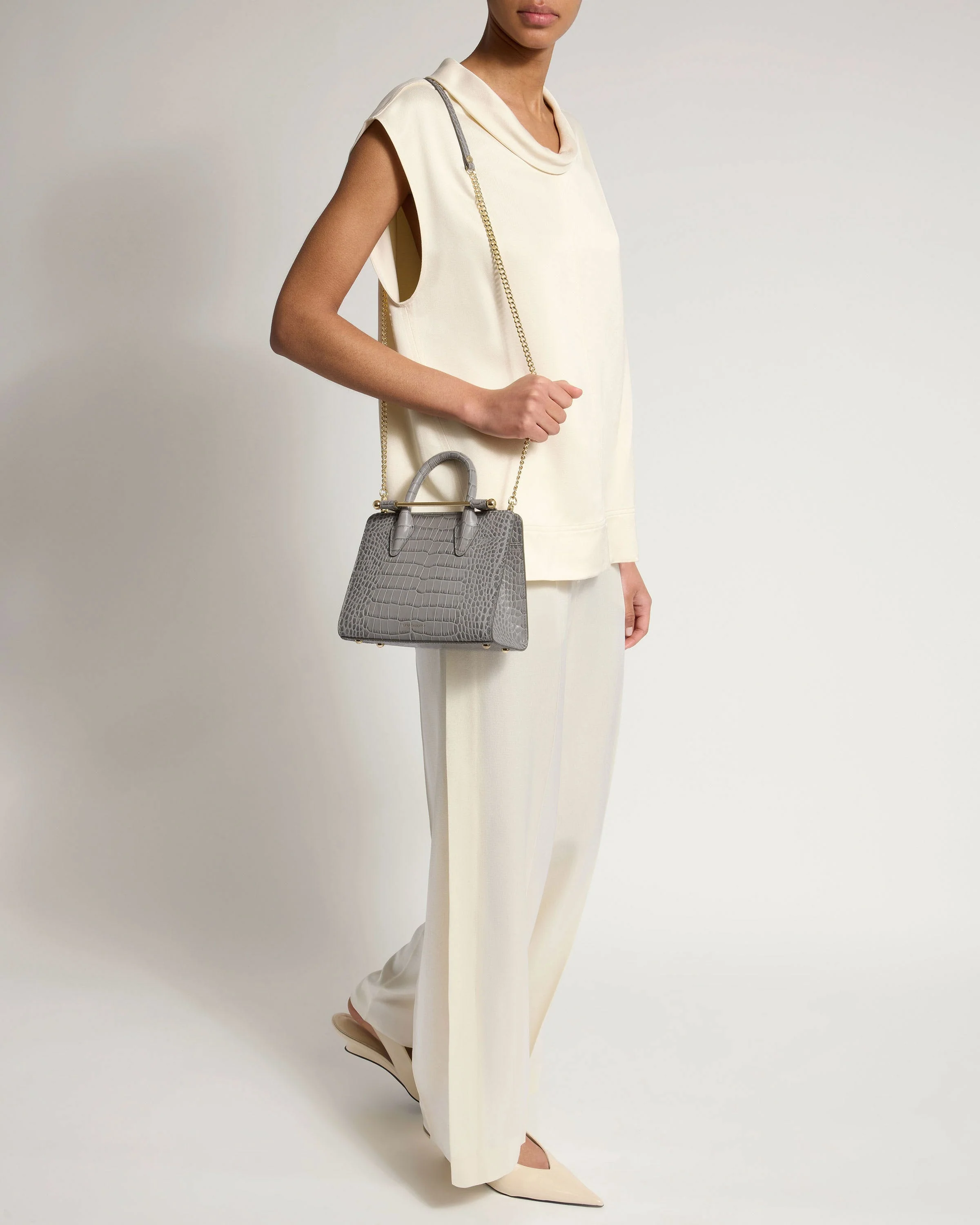 Mini Tote - Soft Croc-Embossed Leather Stone Grey