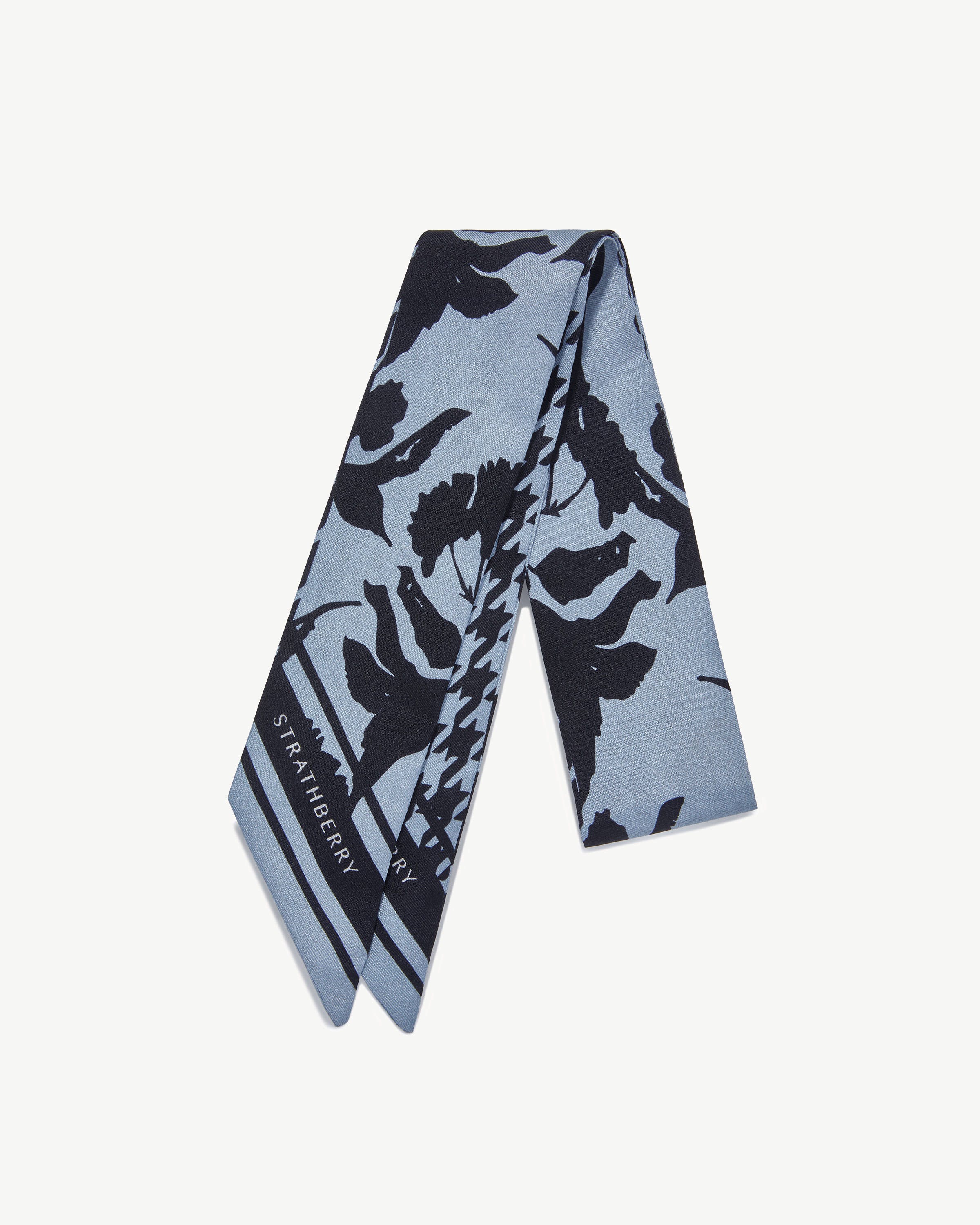 Silk Skinny Scarf - Dusky Blue/Black Floral Dogstooth