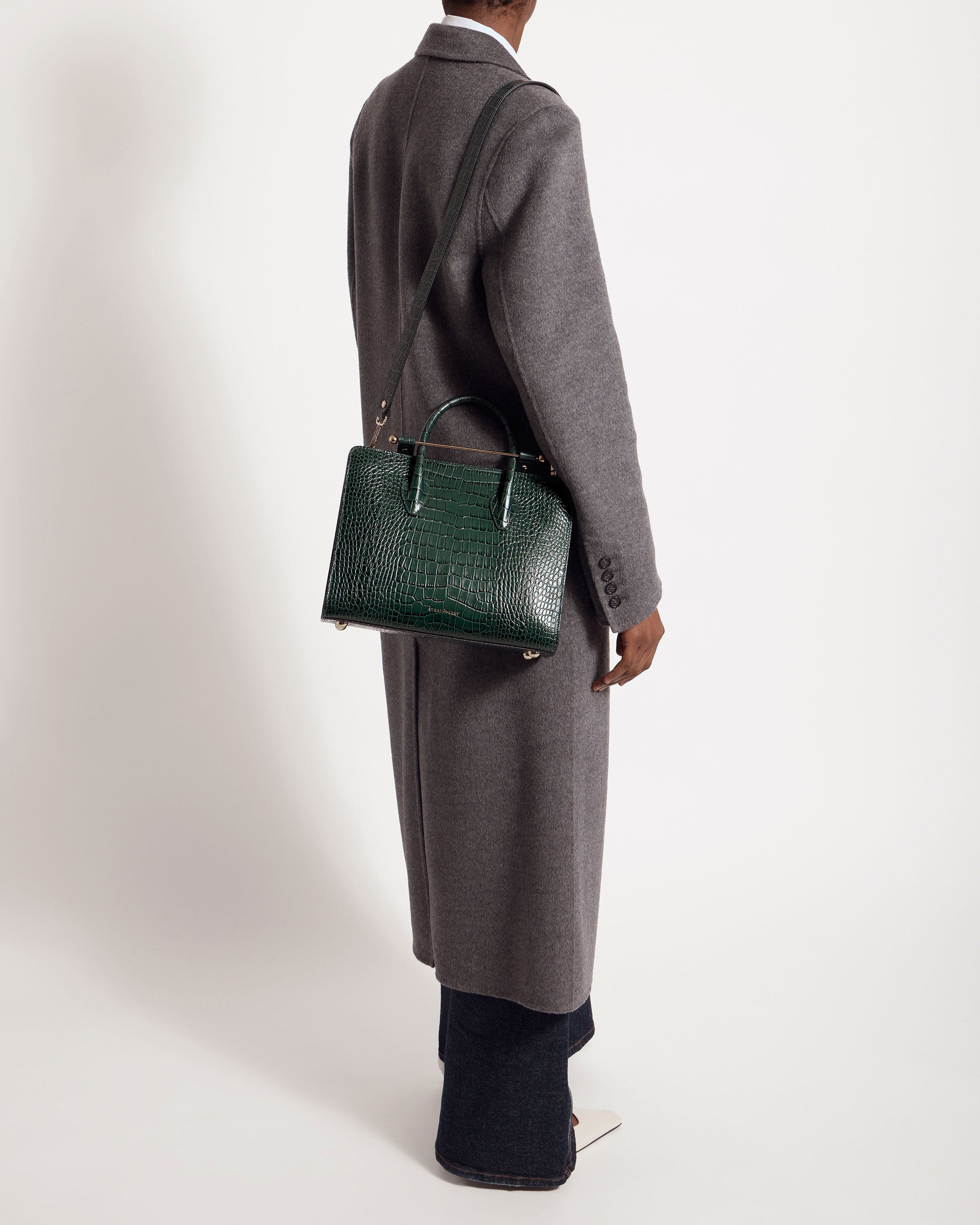 Midi Tote - Croc-Embossed Leather Bottle Green