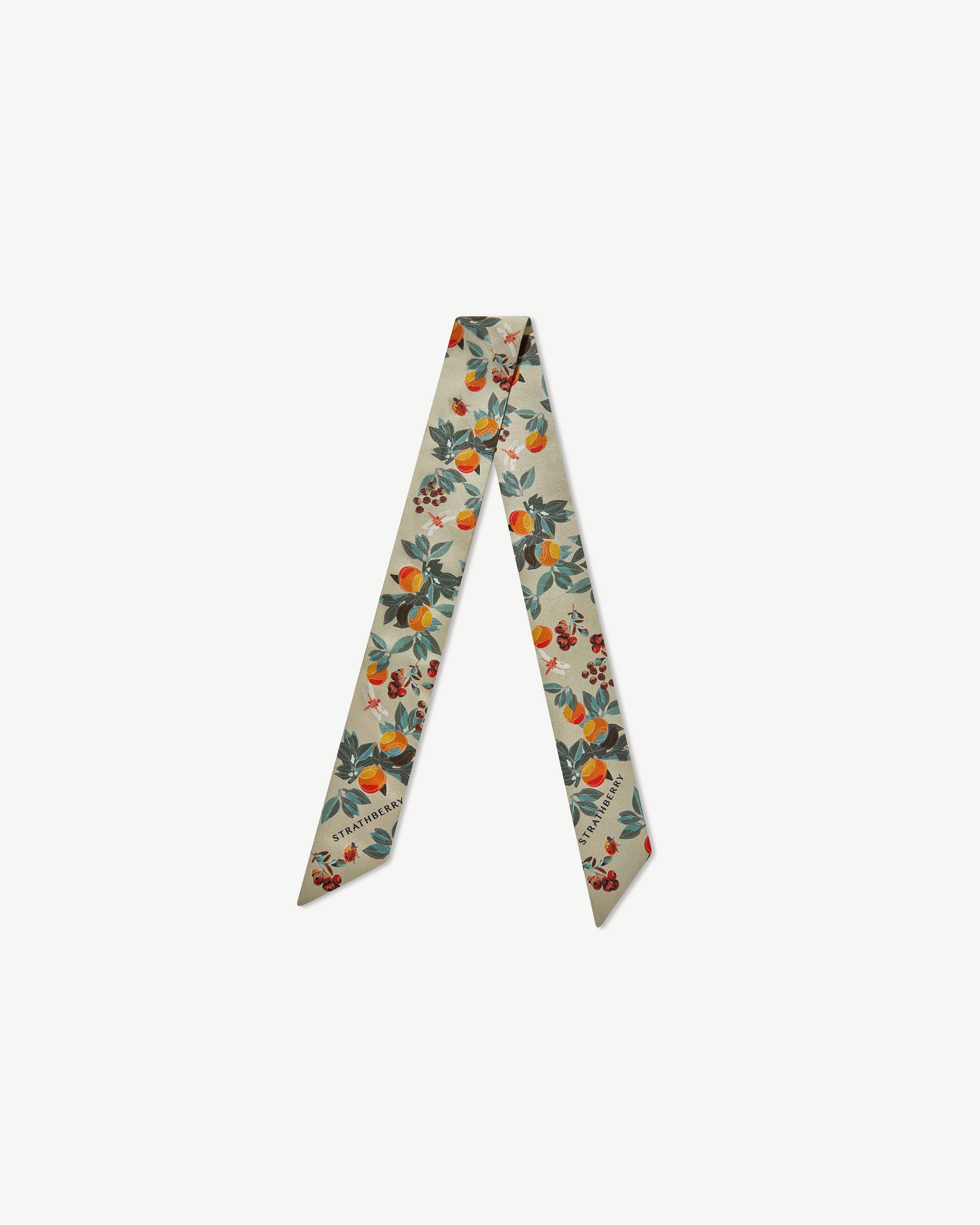 Silk Skinny Scarf - Orange/Green Floral Fruit Print