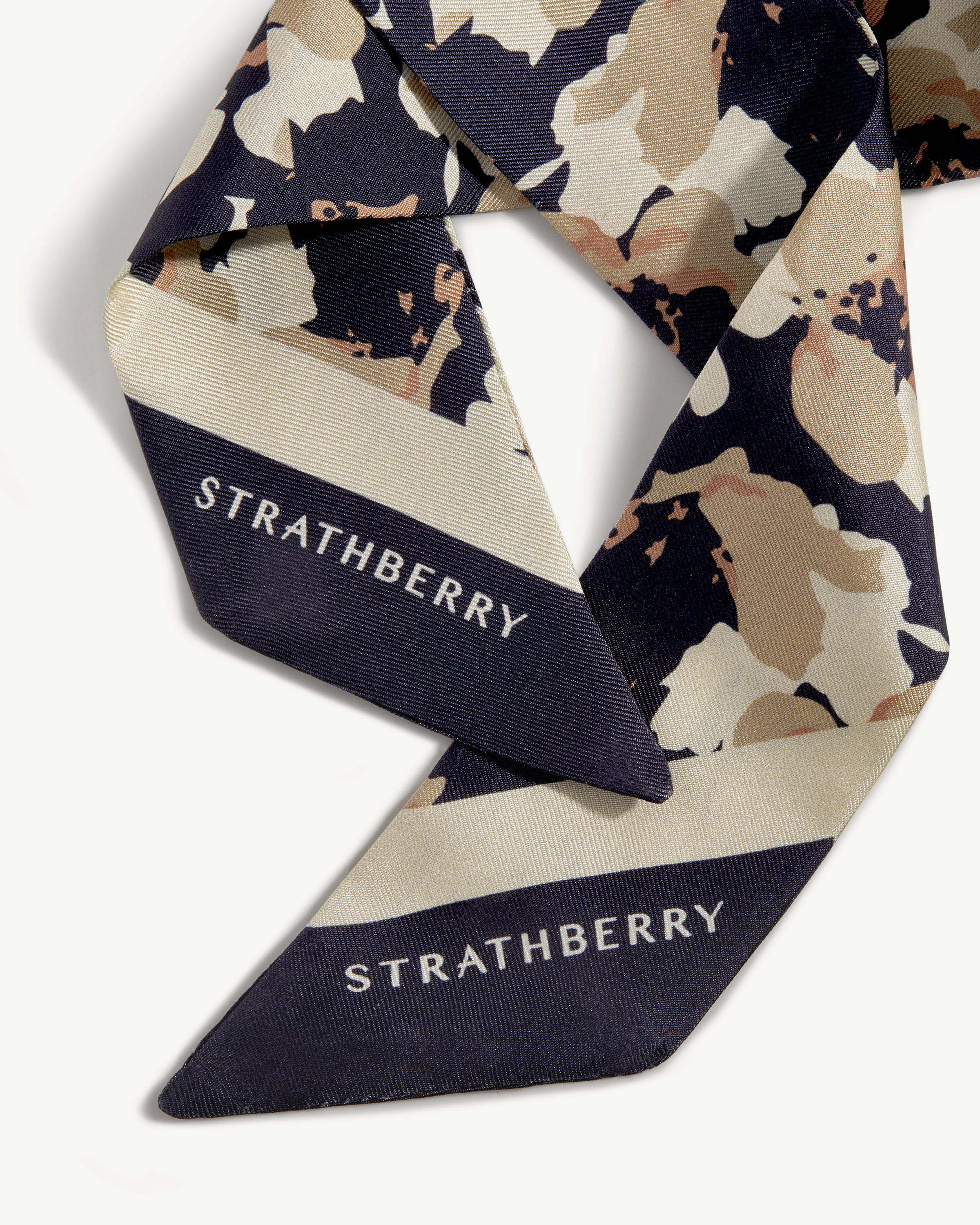 Silk Skinny Scarf - Abstract Floral Navy/Sand