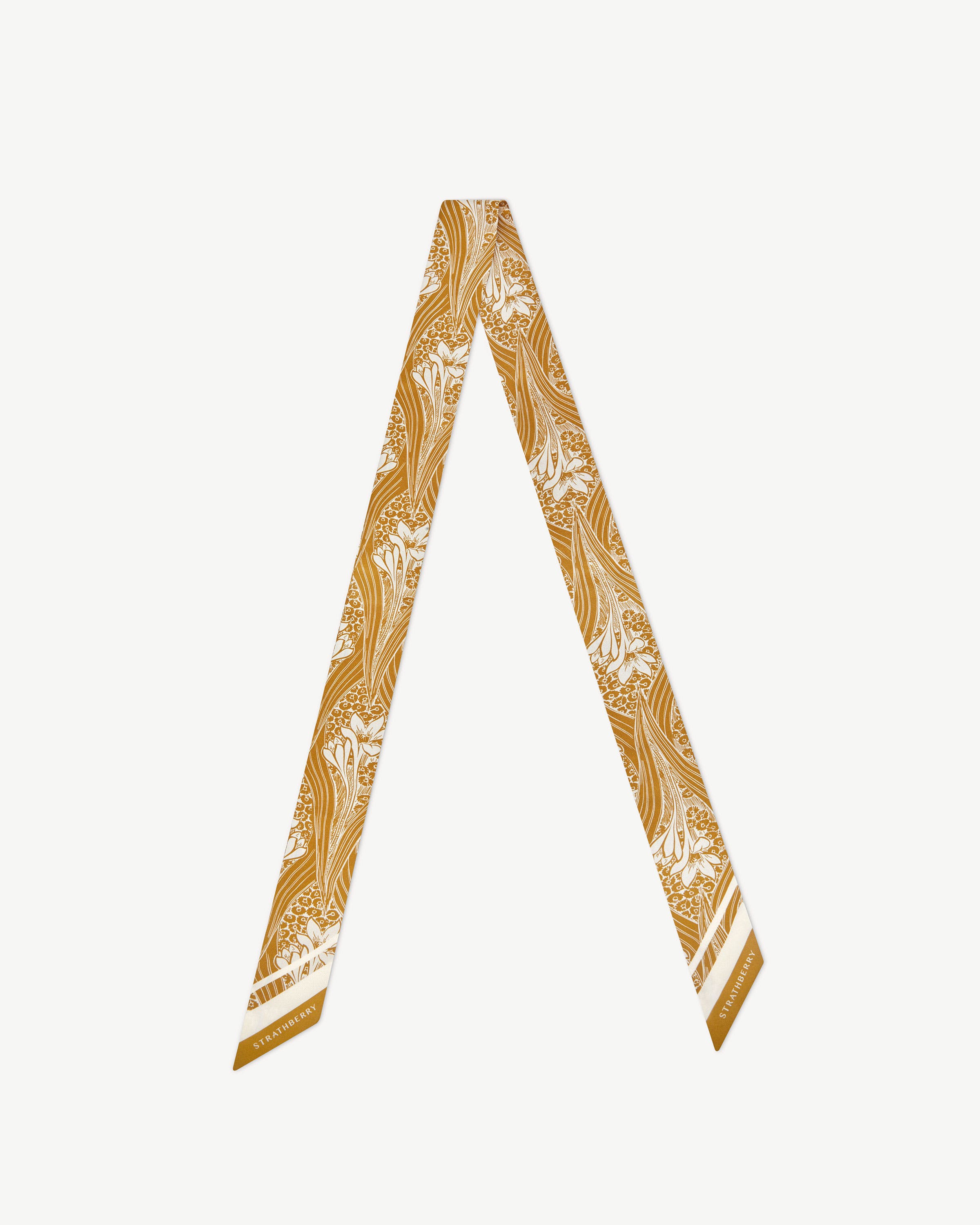 Long Silk Skinny Scarf - Mustard Wallpaper Print