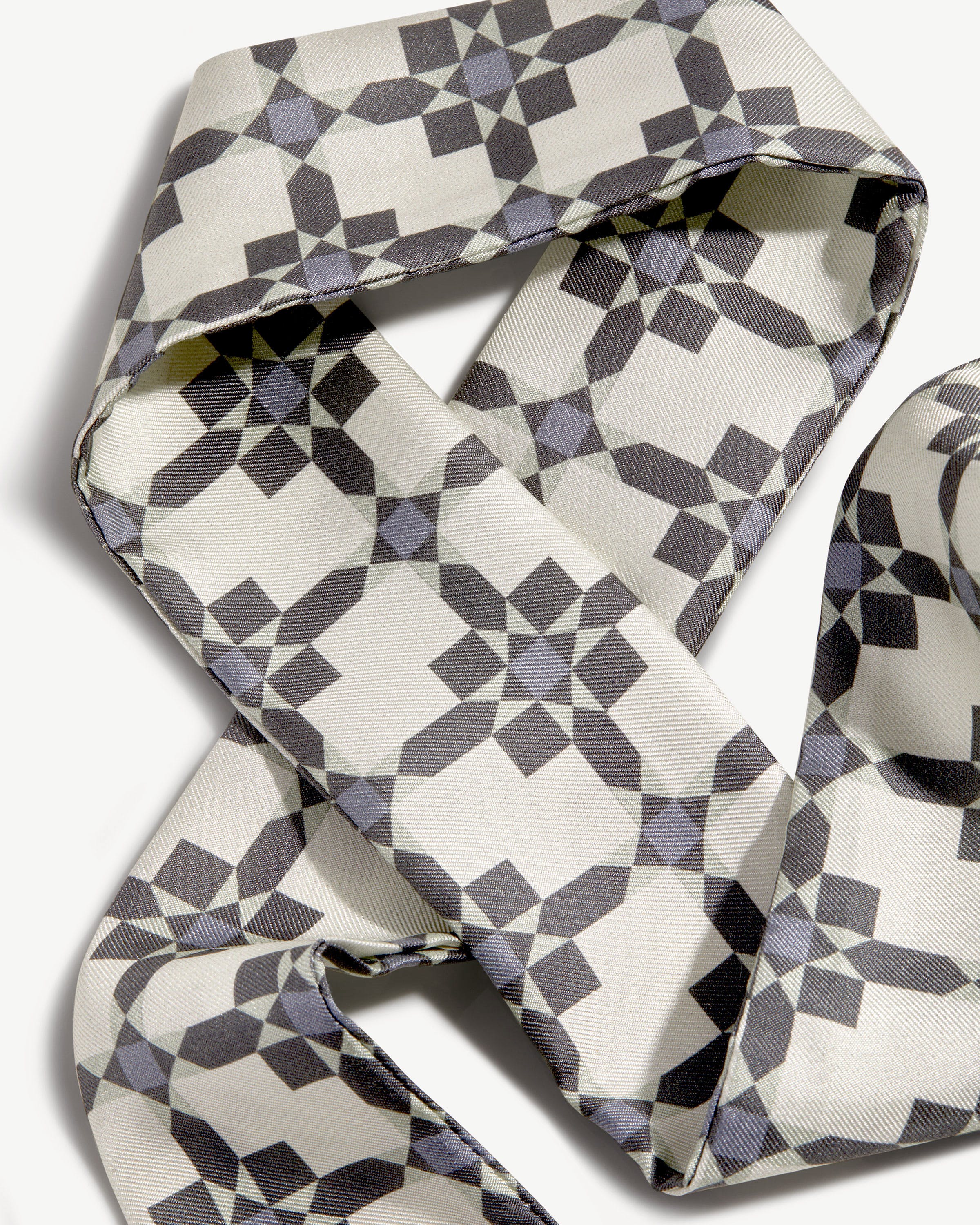 Silk Skinny Scarf - Dusky Blue Tile Print