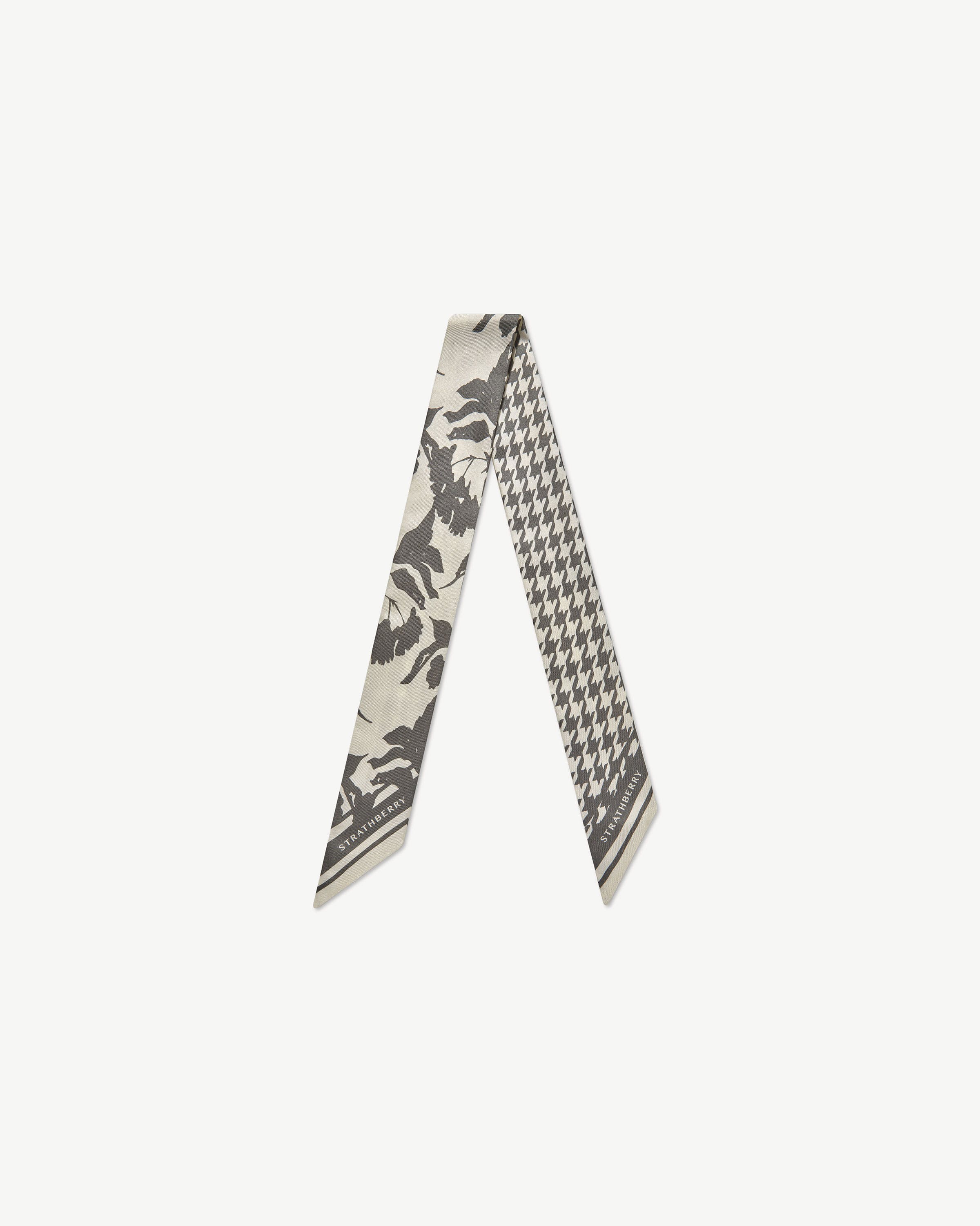 Silk Skinny Scarf - Stone Grey Floral Dogstooth