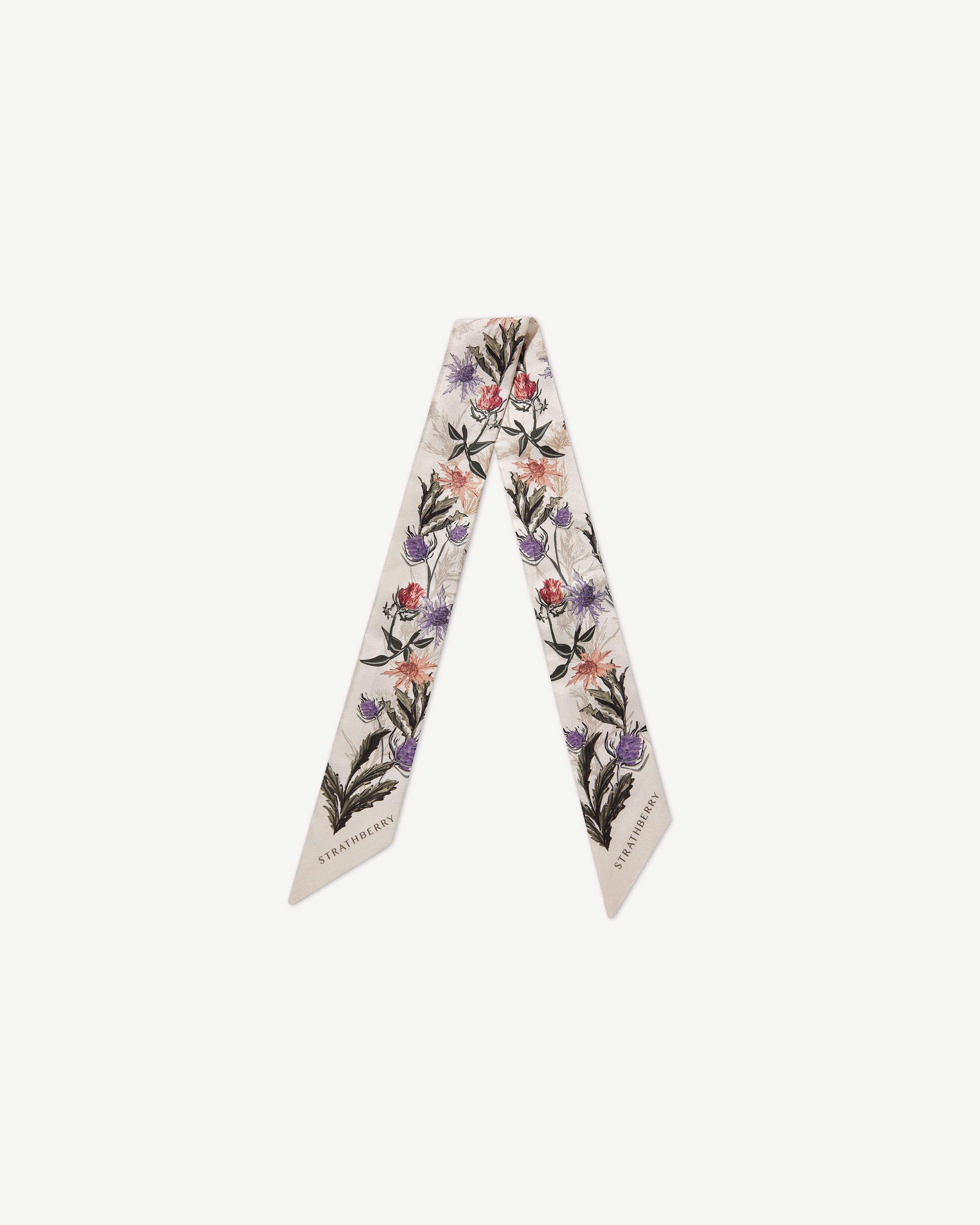 Silk Skinny Scarf - Vanilla/Forest Green Thistle Print