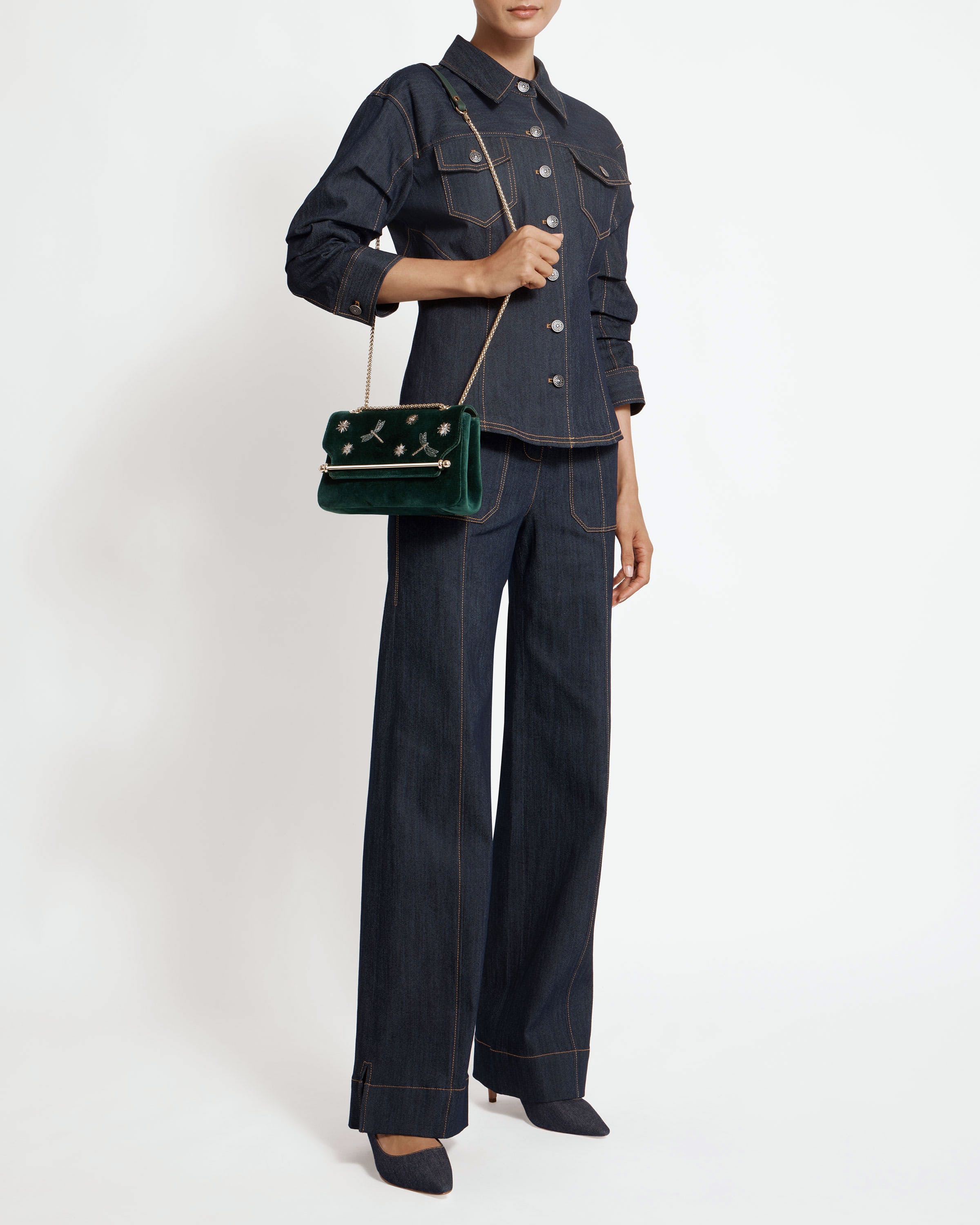 East/West Mini Soft - Cinq a Sept Bottle Green Embroidered Velvet