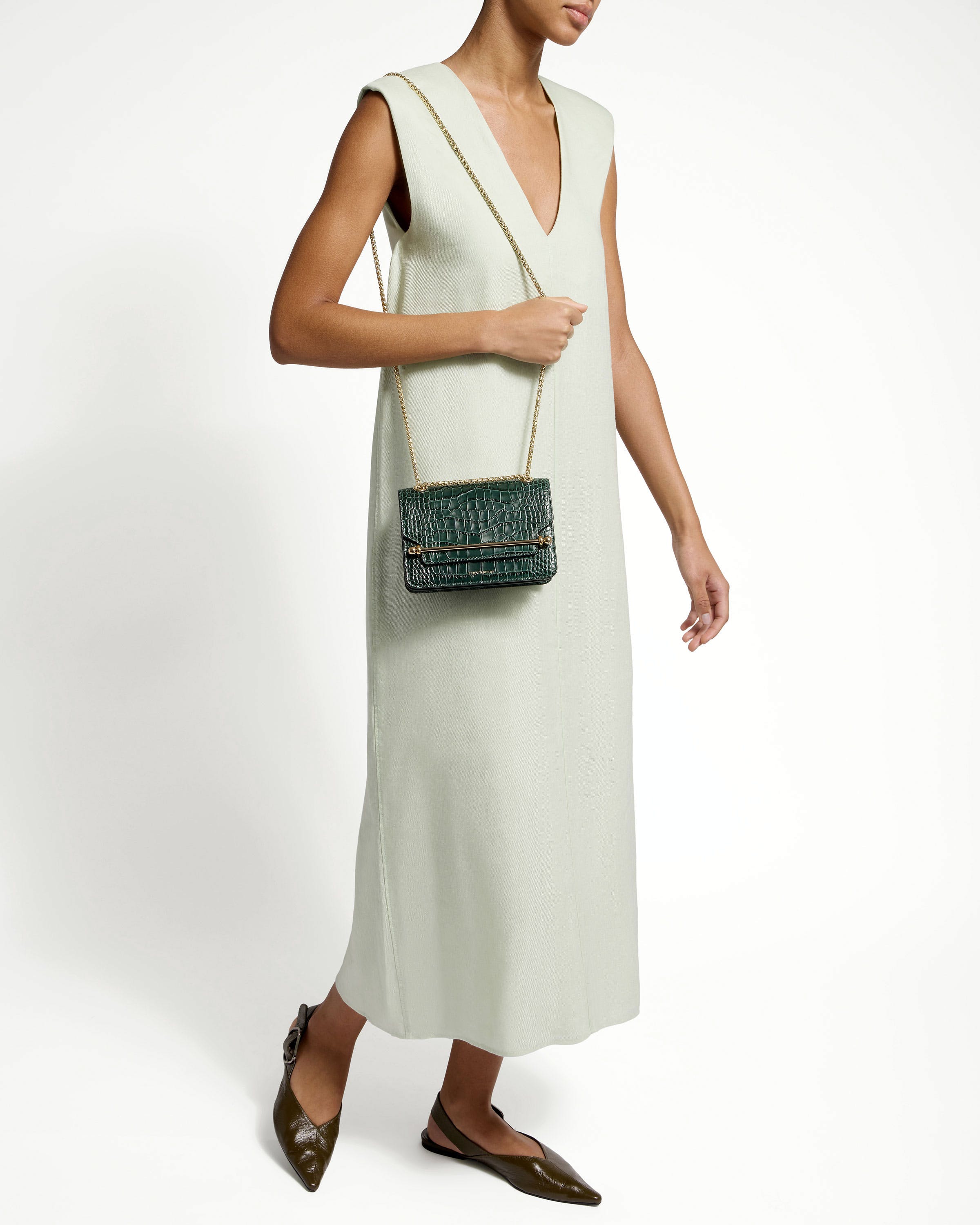 East/West Mini - Croc-Embossed Leather Bottle Green