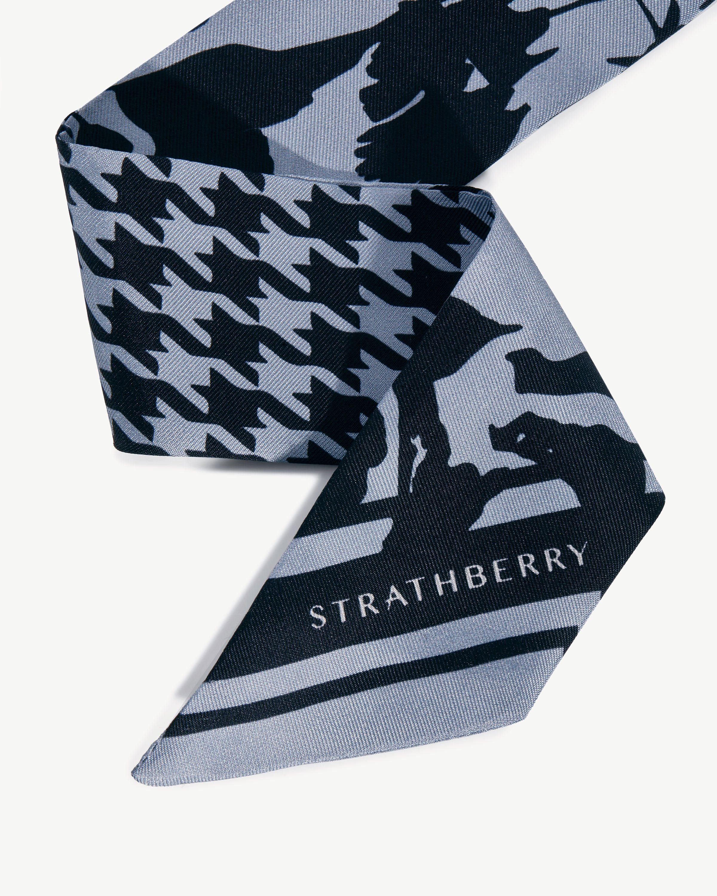 Silk Skinny Scarf - Dusky Blue/Black Floral Dogstooth