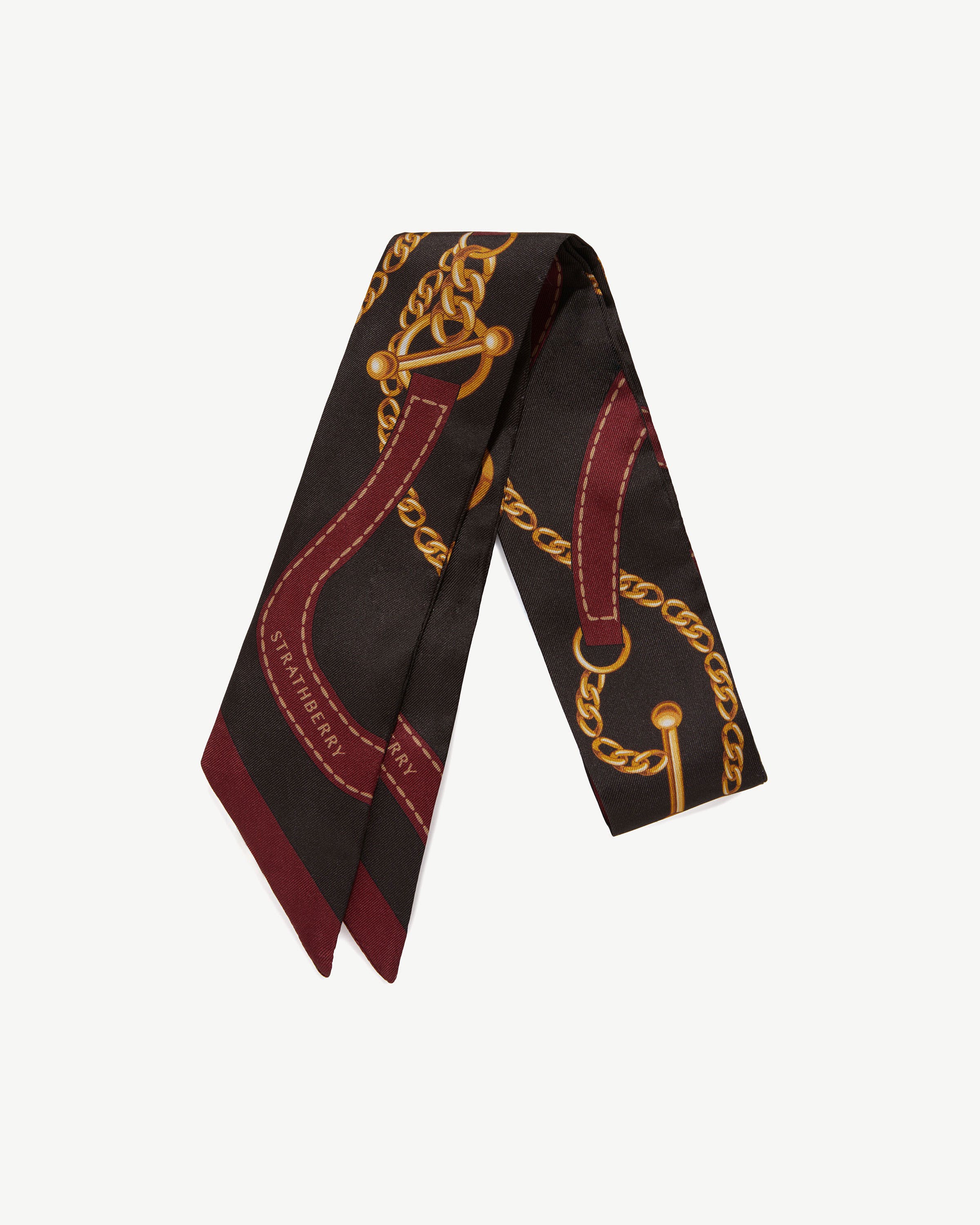 Silk Skinny Scarf - Oxblood/Espresso Belt Print