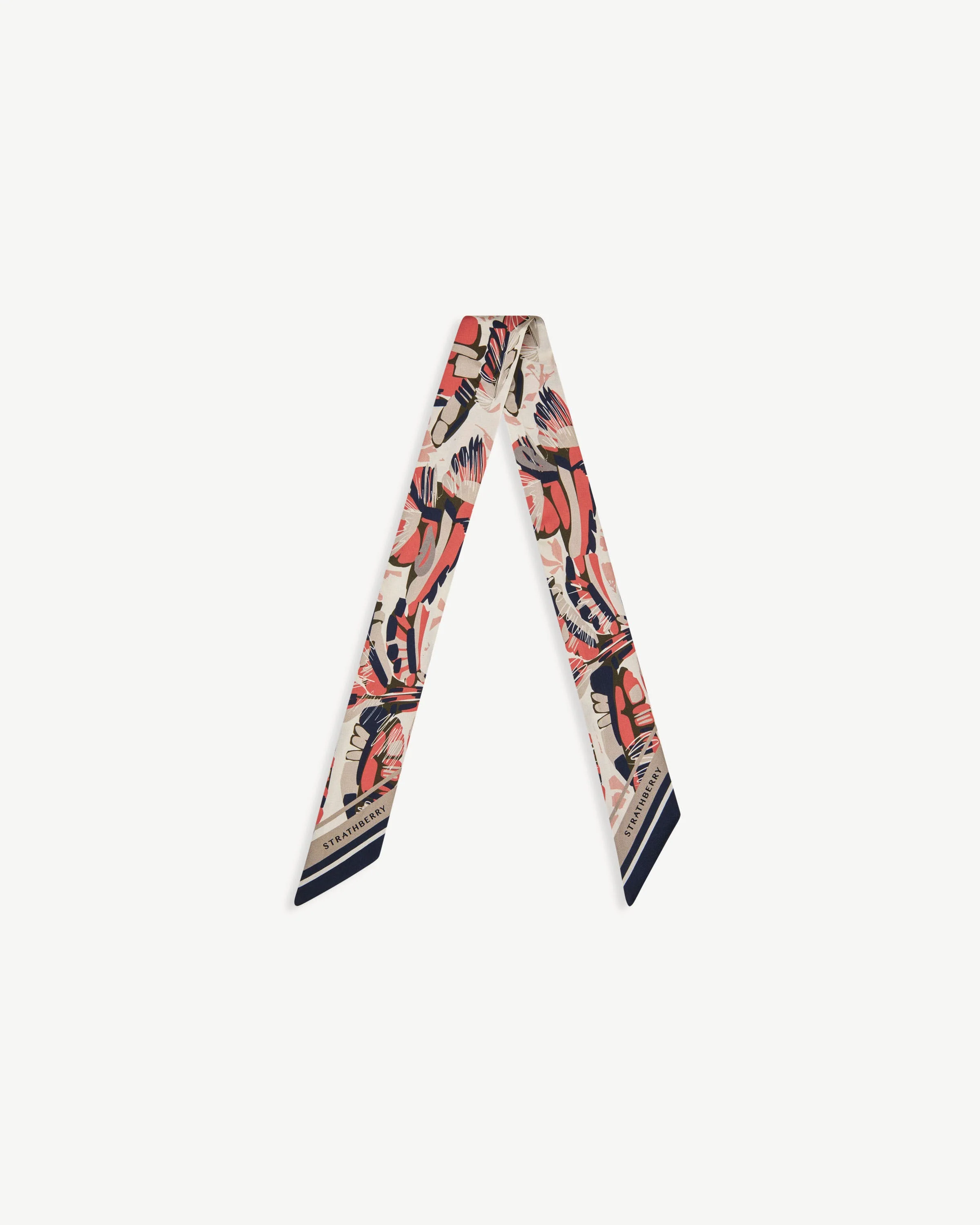 Silk Skinny Scarf - Palm Print Coral/Navy/Vanilla