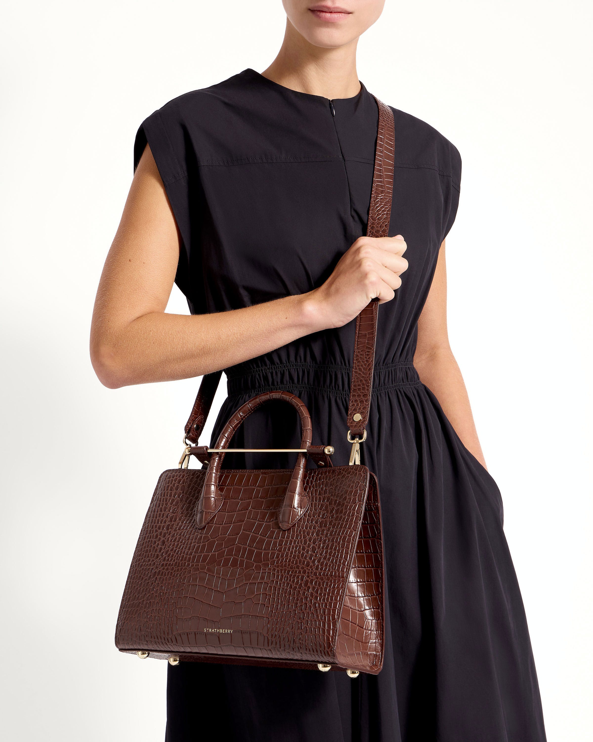 Midi Tote - Croc-Embossed Leather Chocolate
