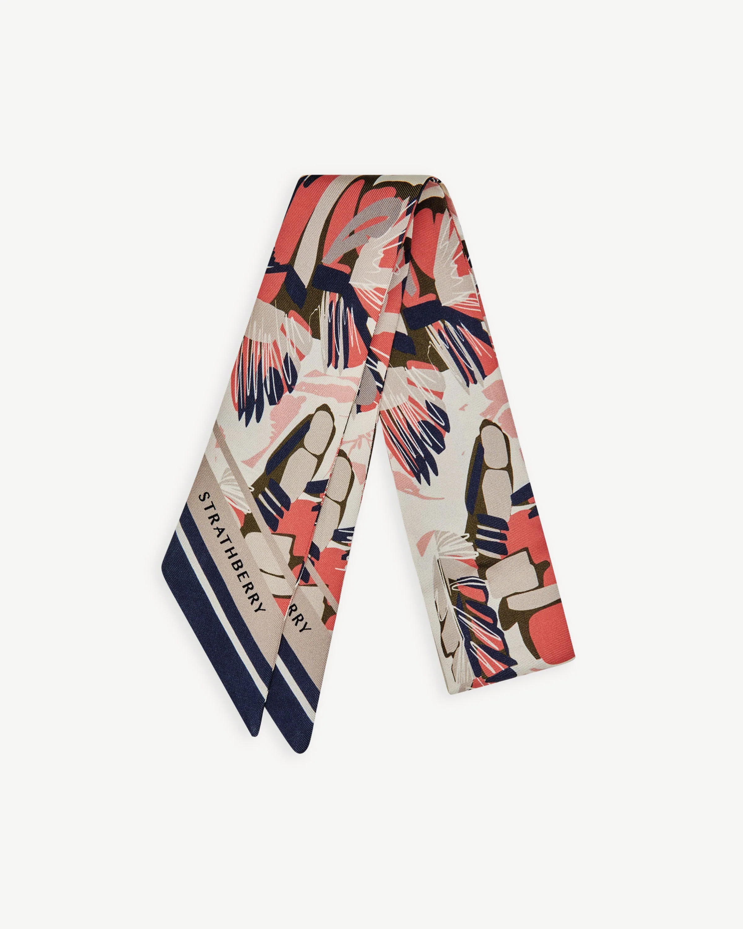 Silk Skinny Scarf - Palm Print Coral/Navy/Vanilla