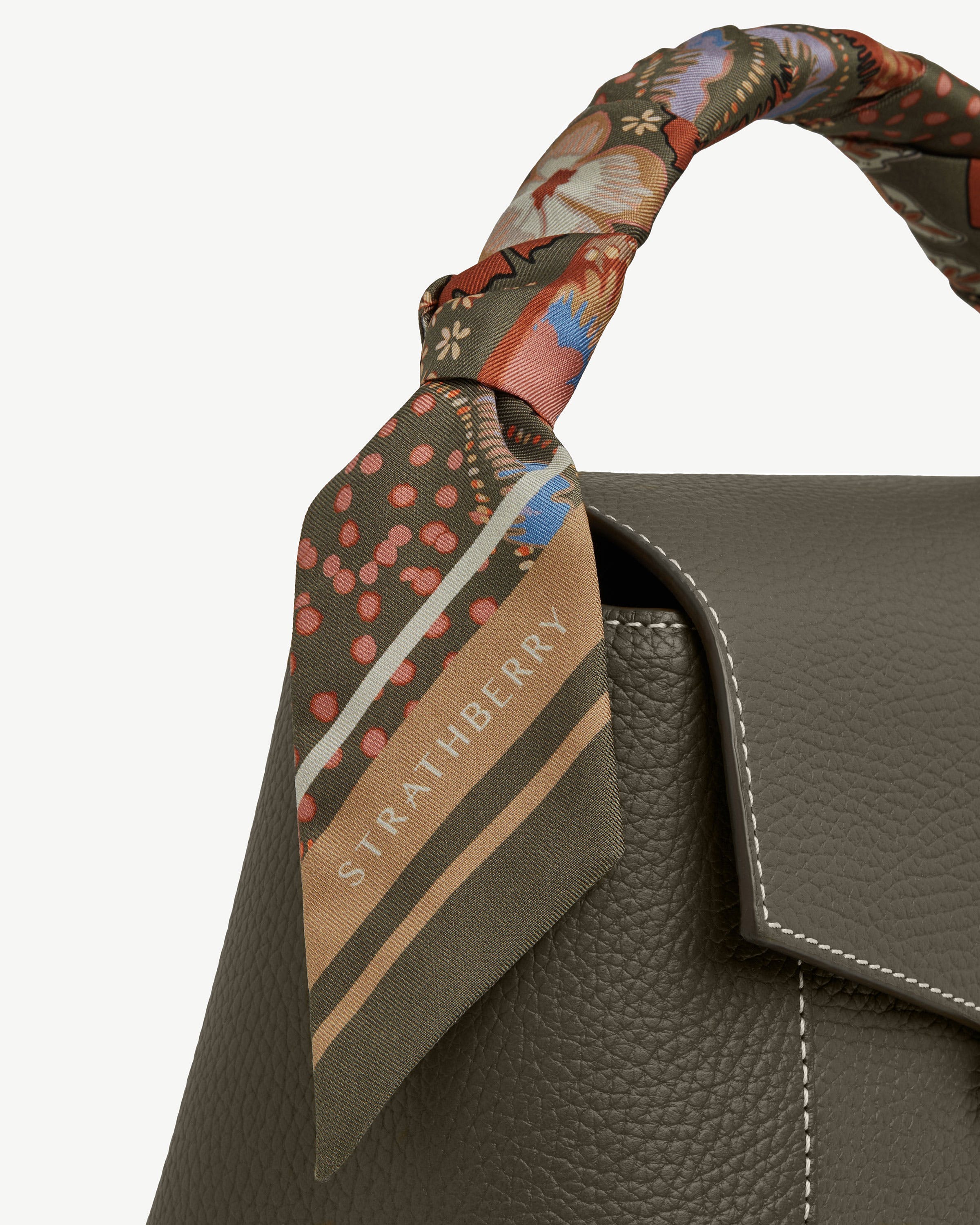 Silk Skinny Scarf - Embroidery Print Khaki/Caramel