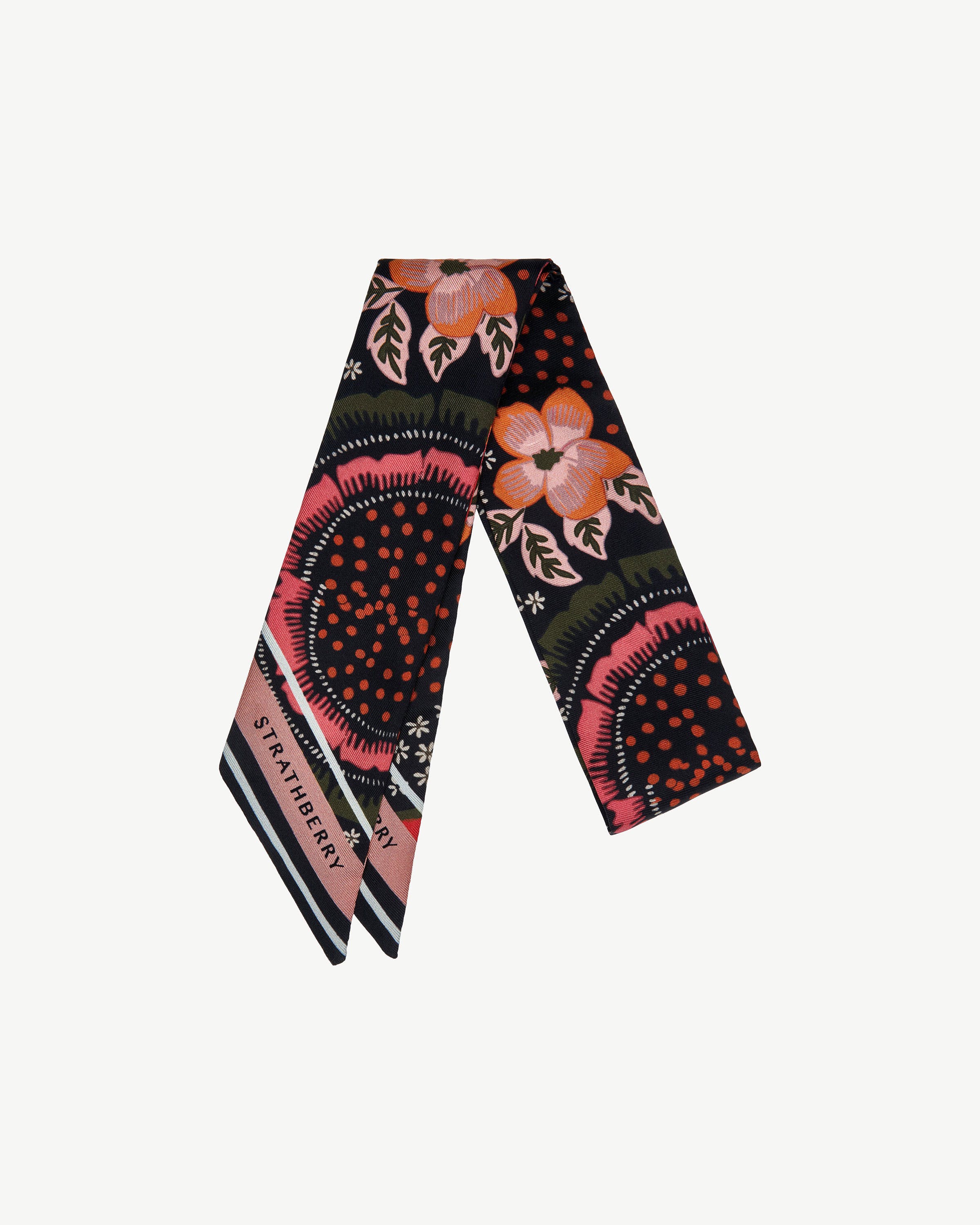 Silk Skinny Scarf - Black/Sienna Embroidery Print