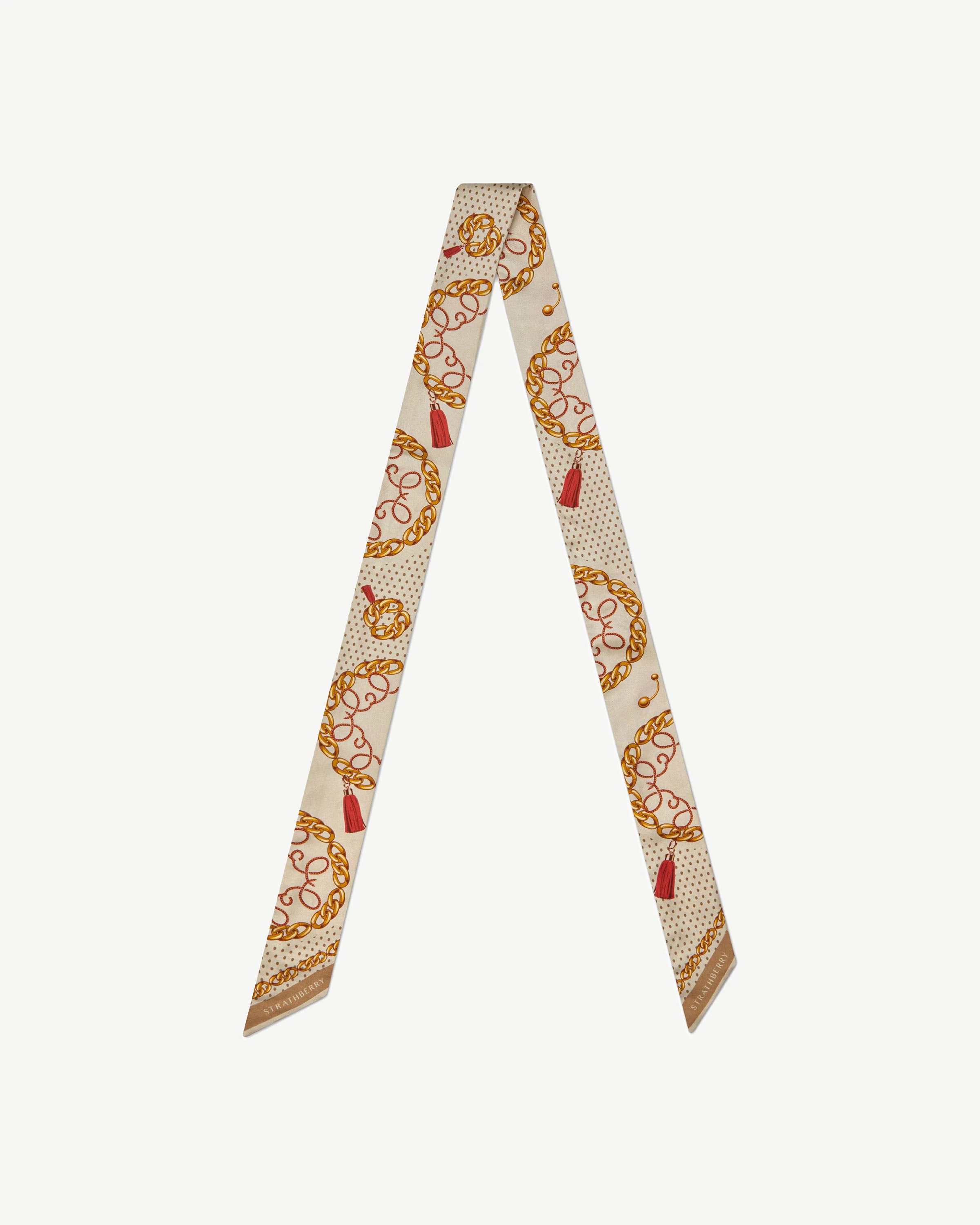 Long Silk Skinny Scarf - Caramel/Diamond Chain Print
