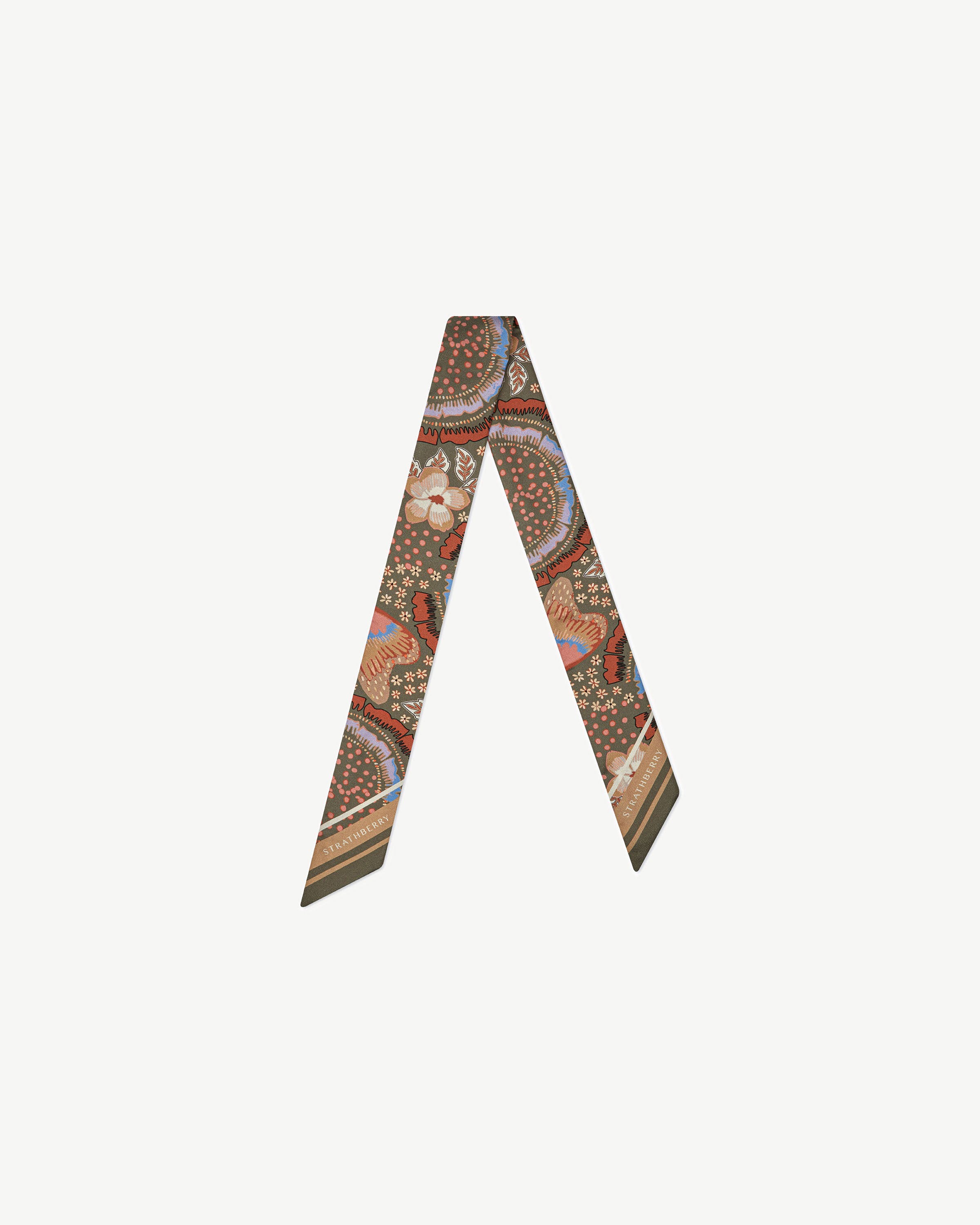 Silk Skinny Scarf - Embroidery Print Khaki/Caramel