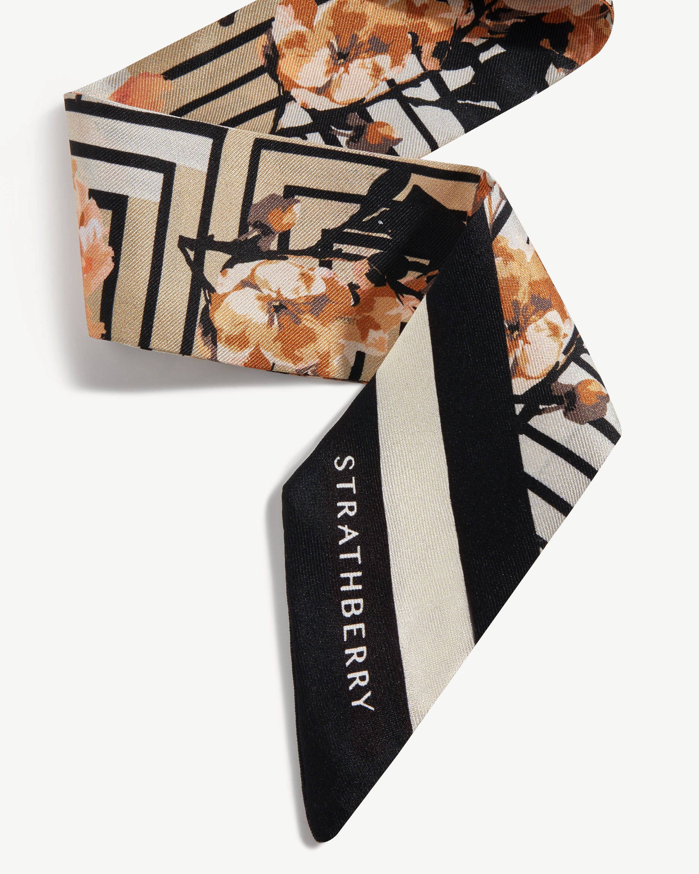 Silk Skinny Scarf - Sand/Black Floral Stripe