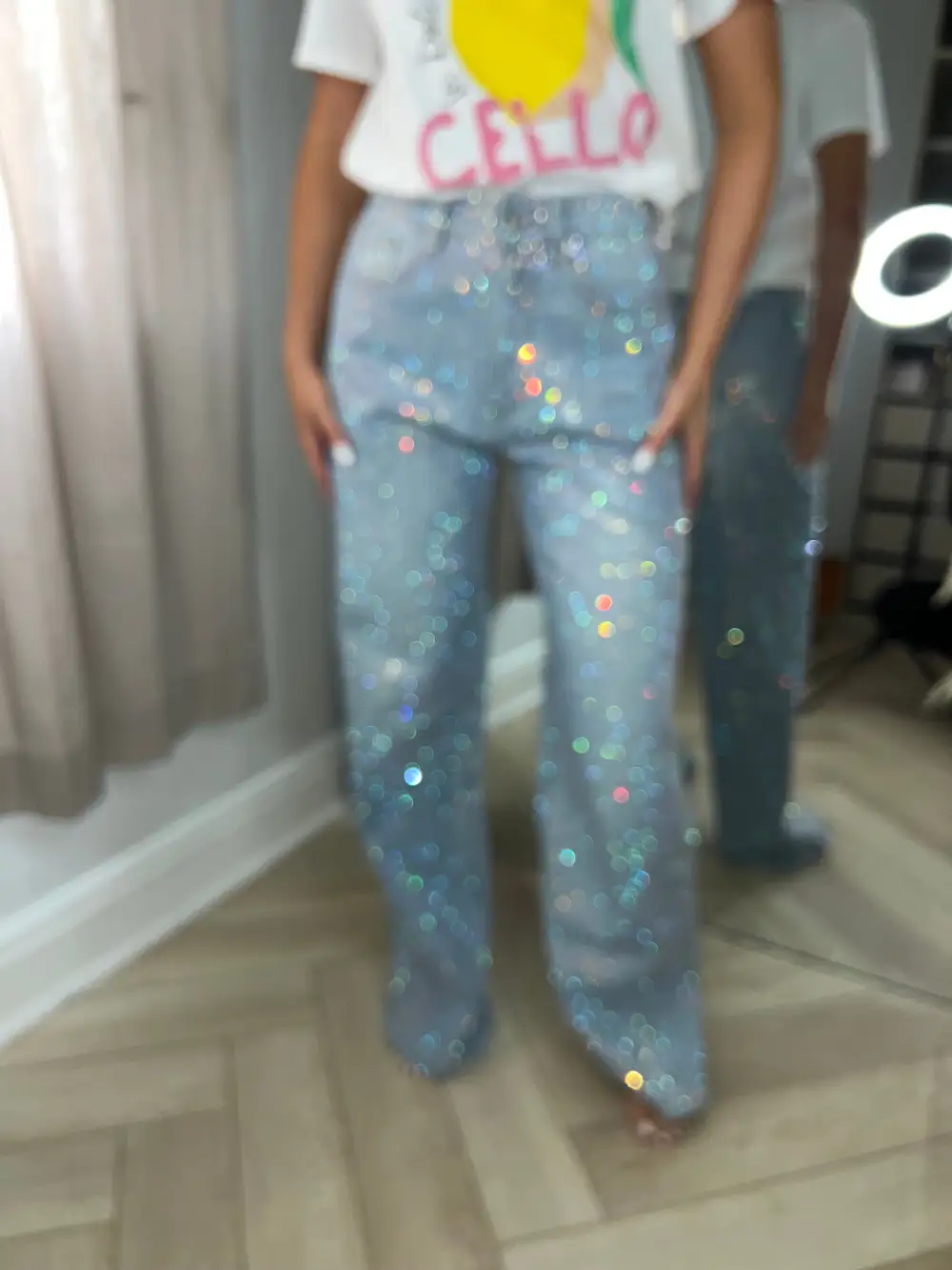 Rainbow Diamanté Blue Wide Leg Sparkle Covered Jeans