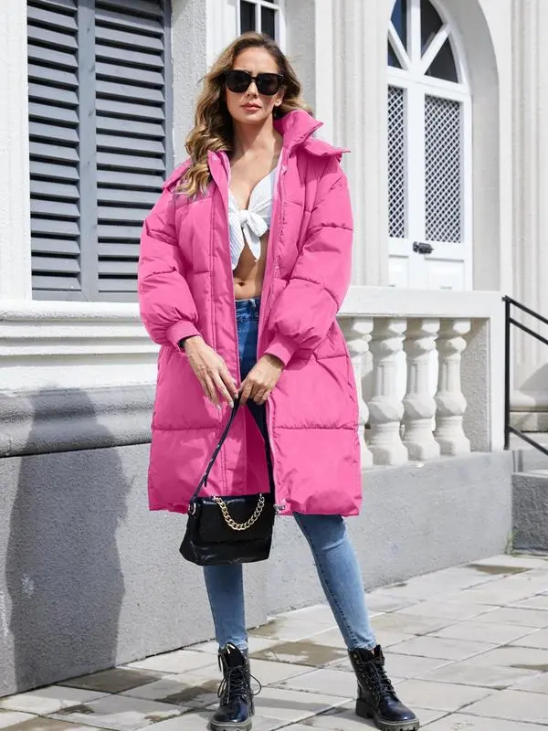 VVZ Women's Pink Button Front Full Zip Up Coat Trendy Warm Raglan Sleeve Outerwear for Daily Wear Puffer Jacket Hooded Coat Essential Winter Clothing Piece Style Tops Twist