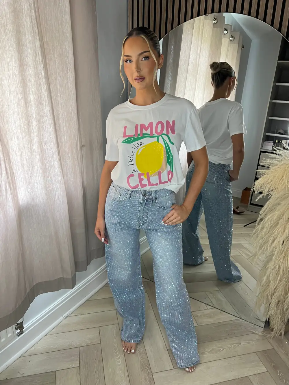 Rainbow Diamanté Blue Wide Leg Sparkle Covered Jeans