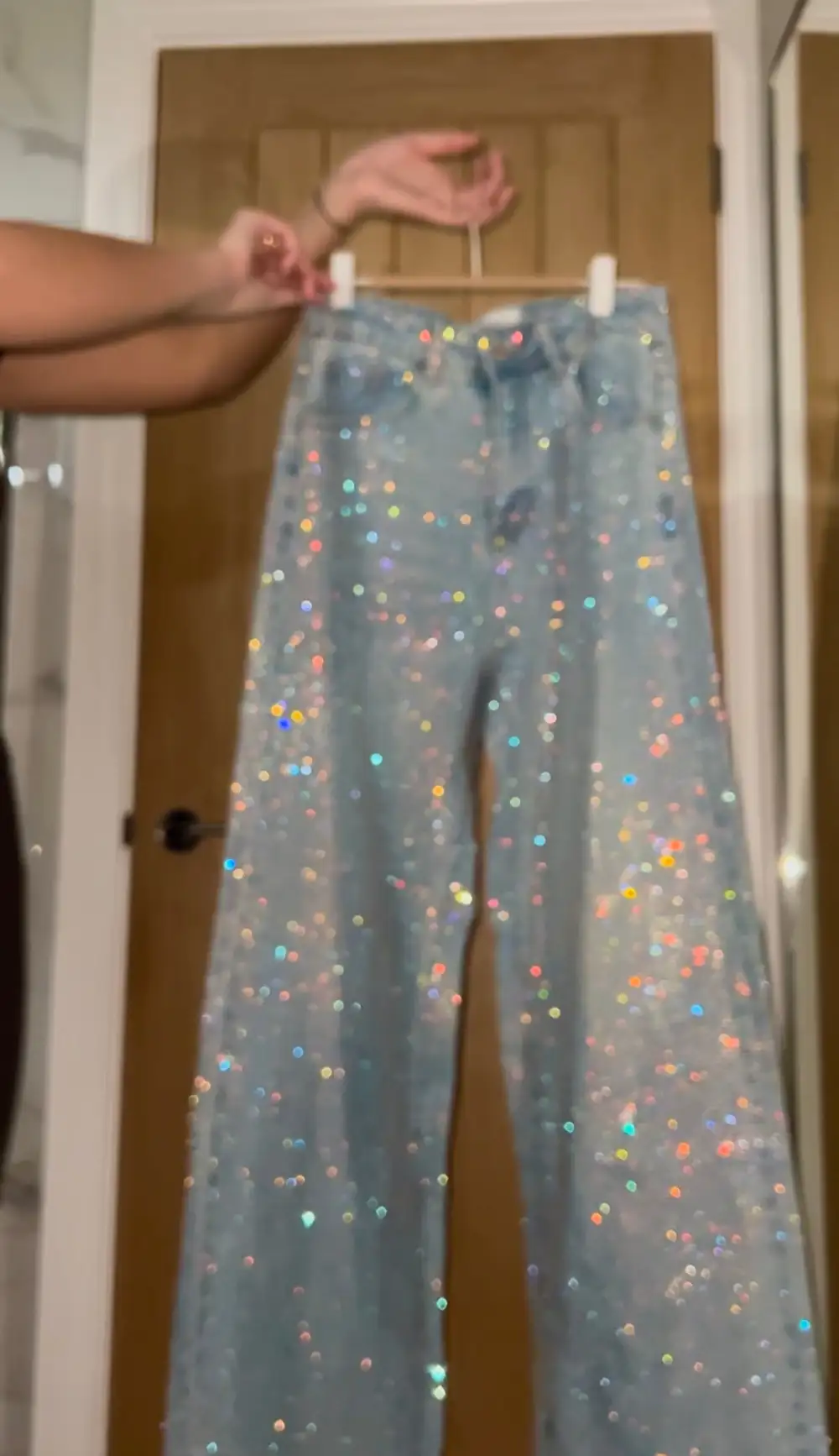 Rainbow Diamanté Blue Wide Leg Sparkle Covered Jeans