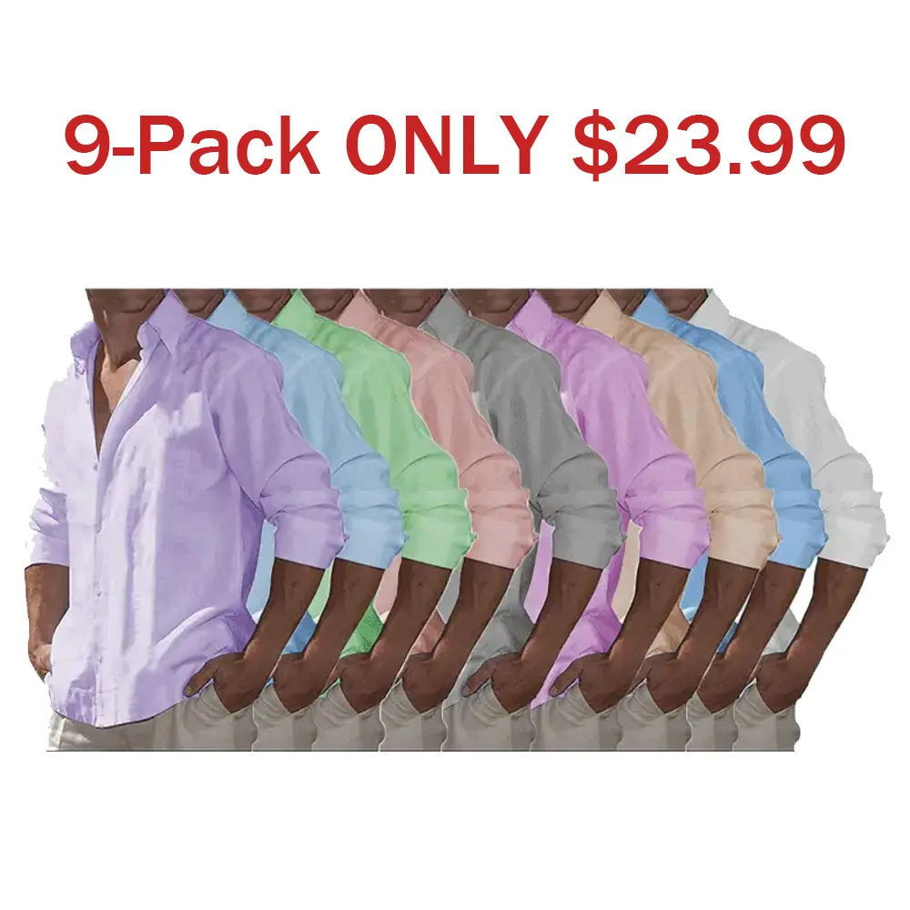9-Pack 2023 Men's  Cotton Linen Casual Long Sleeve Shirt