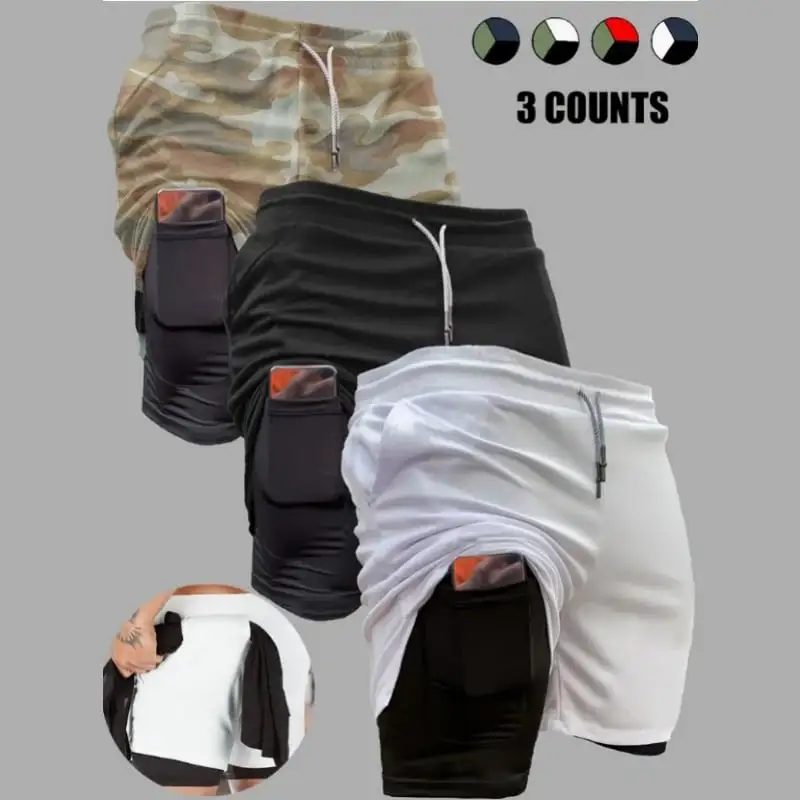 3-Pack Men's 2 in 1 Stretch Active Quick Dry Gym Running Shorts With Liner