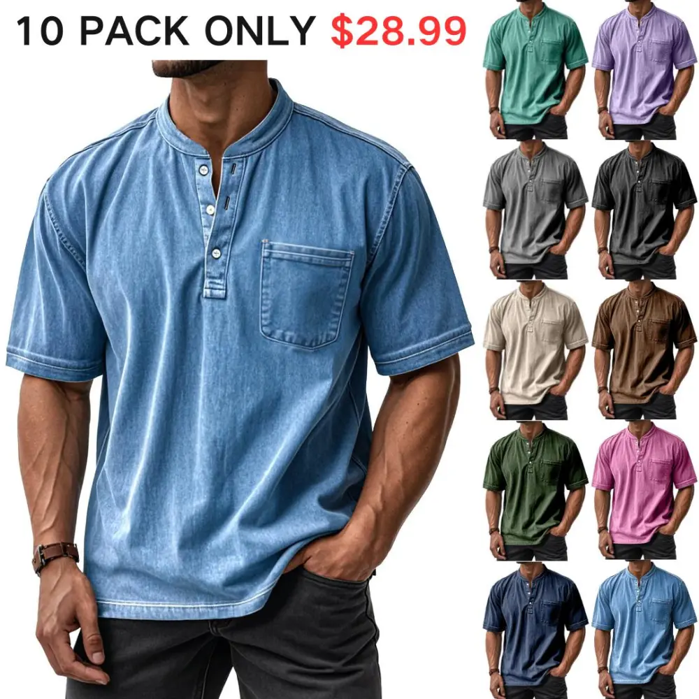 Men's Casual Vintage Loose Pocket Henley Shirt