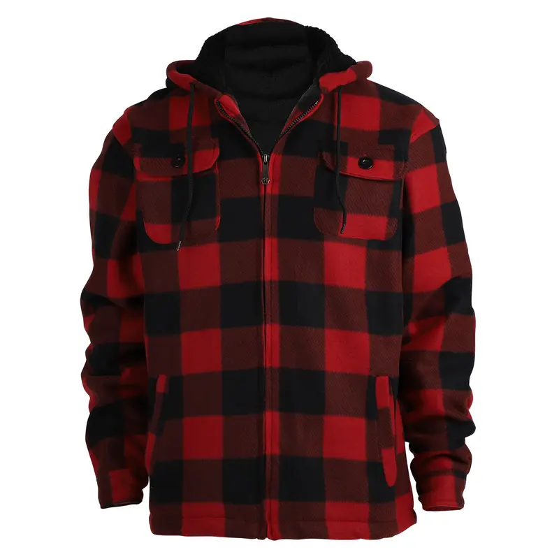 [Large Size] Plaid thick hooded jacket, casual regular fit long sleeve drawstring pocket jacket, suitable for autumn and winter, men's daily wear