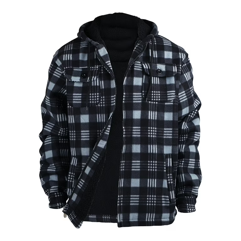 [Large Size] Plaid thick hooded jacket, casual regular fit long sleeve drawstring pocket jacket, suitable for autumn and winter, men's daily wear