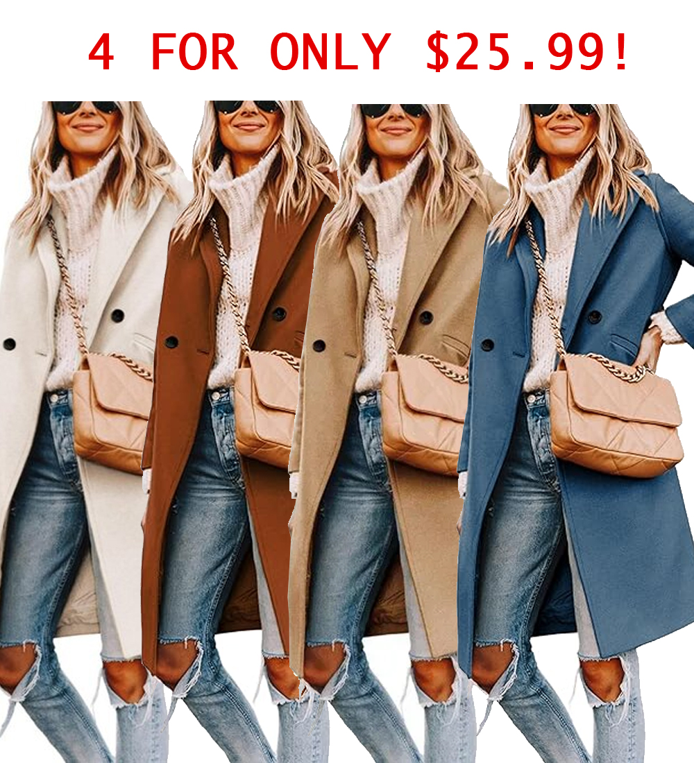 Women's Winter Notch Lapel Double Breasted Wool Blend Mid Long Pea Trench Coat