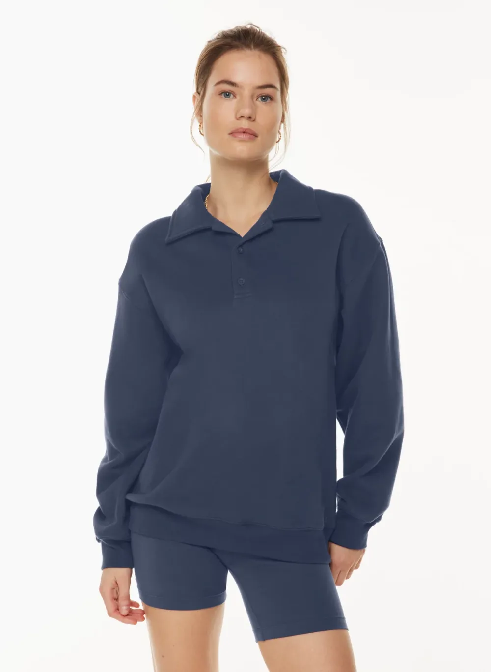 cozy fleece boyfriend polo sweatshirt