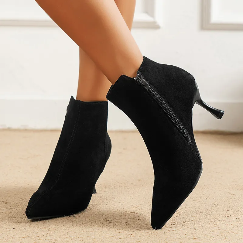Patchwork Faux Suede Zipper Pointy Toe Stiletto Heel Boots