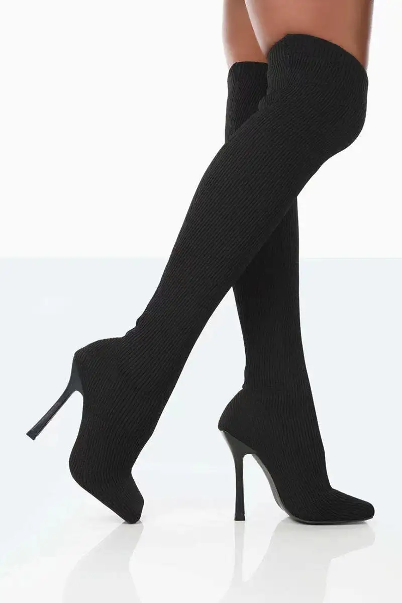 Knit Square Toe Stiletto Stretchy Over The Knee Boots