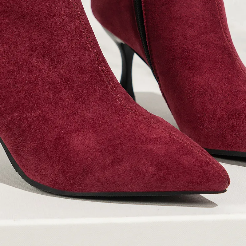 Patchwork Faux Suede Zipper Pointy Toe Stiletto Heel Boots