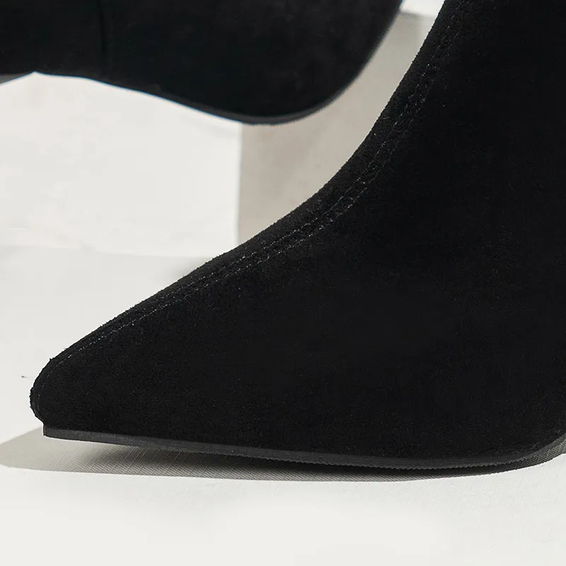 Patchwork Faux Suede Zipper Pointy Toe Stiletto Heel Boots