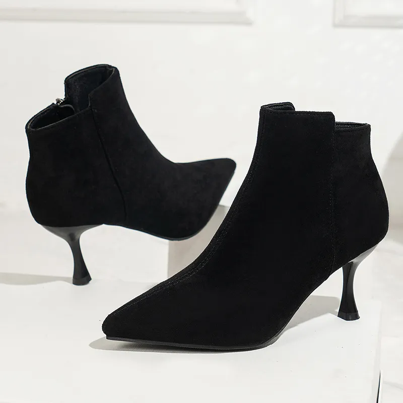 Patchwork Faux Suede Zipper Pointy Toe Stiletto Heel Boots