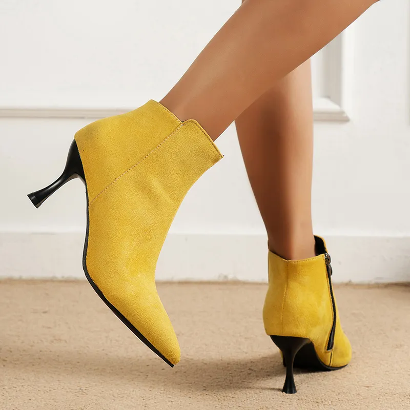 Patchwork Faux Suede Zipper Pointy Toe Stiletto Heel Boots