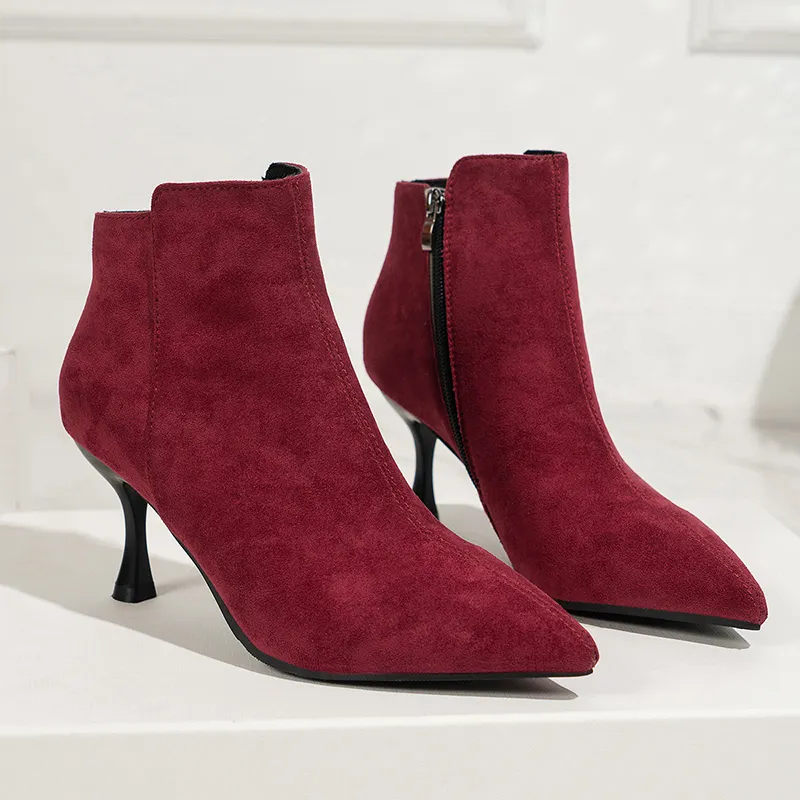 Patchwork Faux Suede Zipper Pointy Toe Stiletto Heel Boots