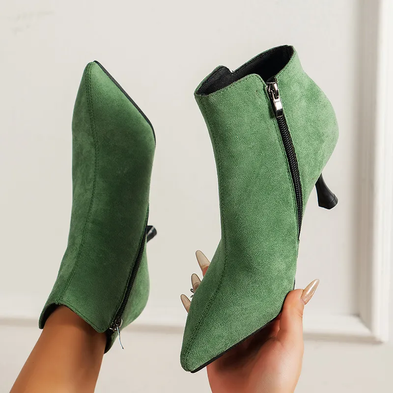 Patchwork Faux Suede Zipper Pointy Toe Stiletto Heel Boots