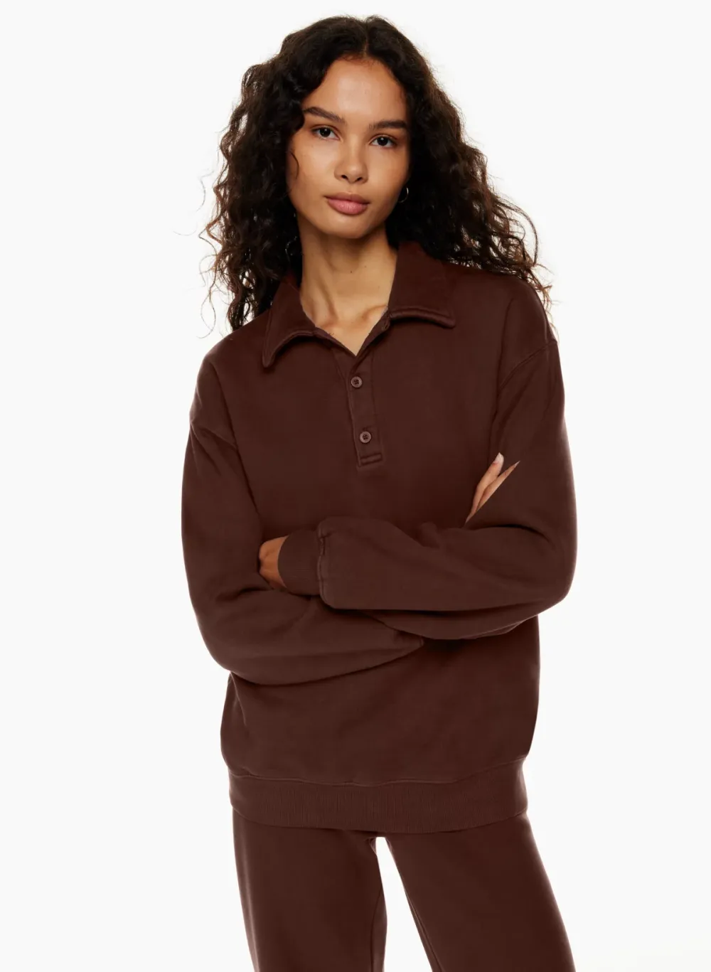 cozy fleece boyfriend polo sweatshirt