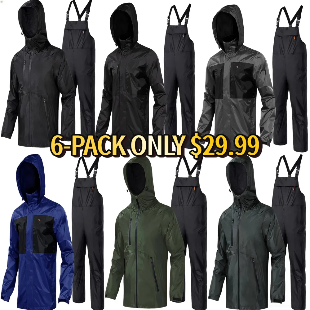 RODEEL 718 Waterproof Bib Overalls Rain Suit Men Lightweight Breathable Rainproof Full Zip Hooded Jacket and Bib Overalls Durable Rain Coat Rainwear Windbreaker For Outdoor Hiking Camping Fishing Car Washing Construction Roofing Landscaping Gardening
