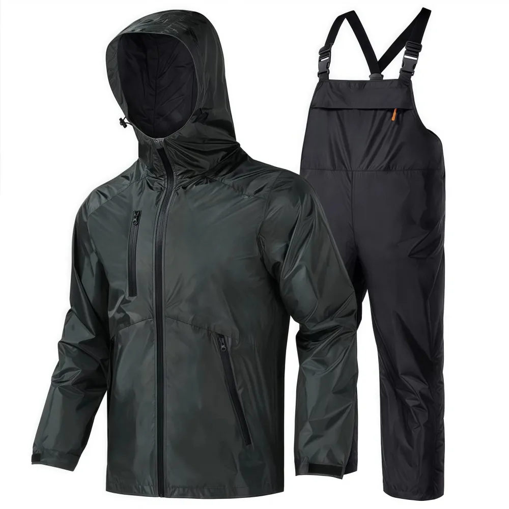 RODEEL 718 Waterproof Bib Overalls Rain Suit Men Lightweight Breathable Rainproof Full Zip Hooded Jacket and Bib Overalls Durable Rain Coat Rainwear Windbreaker For Outdoor Hiking Camping Fishing Car Washing Construction Roofing Landscaping Gardening