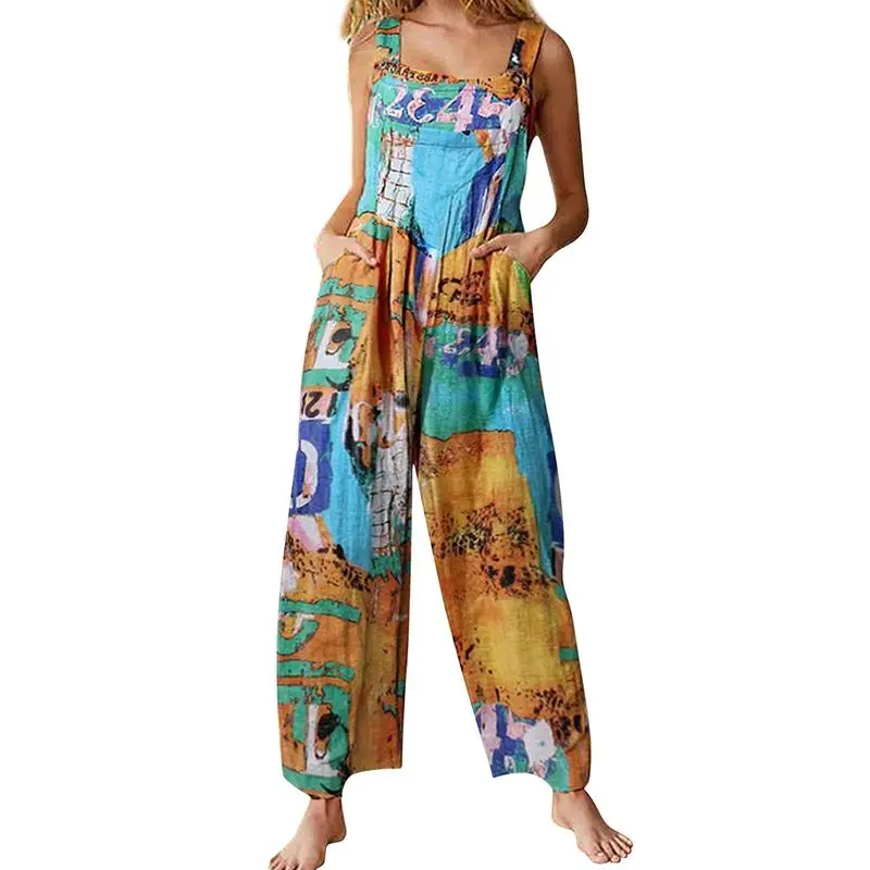 Tanming Women's Patchwork Dual Pocket Jumpsuit Loose Floral Print Bohemian Wide Leg Bib Overall