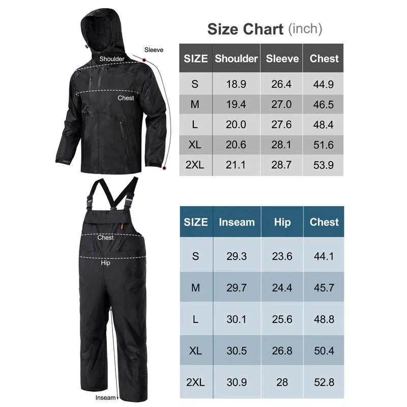 RODEEL 718 Waterproof Bib Overalls Rain Suit Men Lightweight Breathable Rainproof Full Zip Hooded Jacket and Bib Overalls Durable Rain Coat Rainwear Windbreaker For Outdoor Hiking Camping Fishing Car Washing Construction Roofing Landscaping Gardening