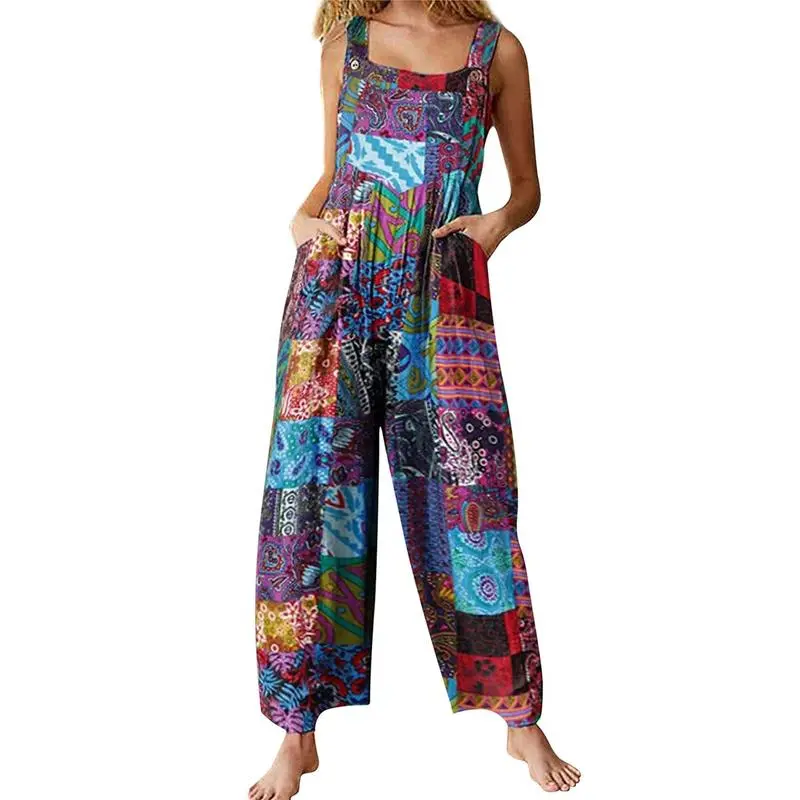 Tanming Women's Patchwork Dual Pocket Jumpsuit Loose Floral Print Bohemian Wide Leg Bib Overall